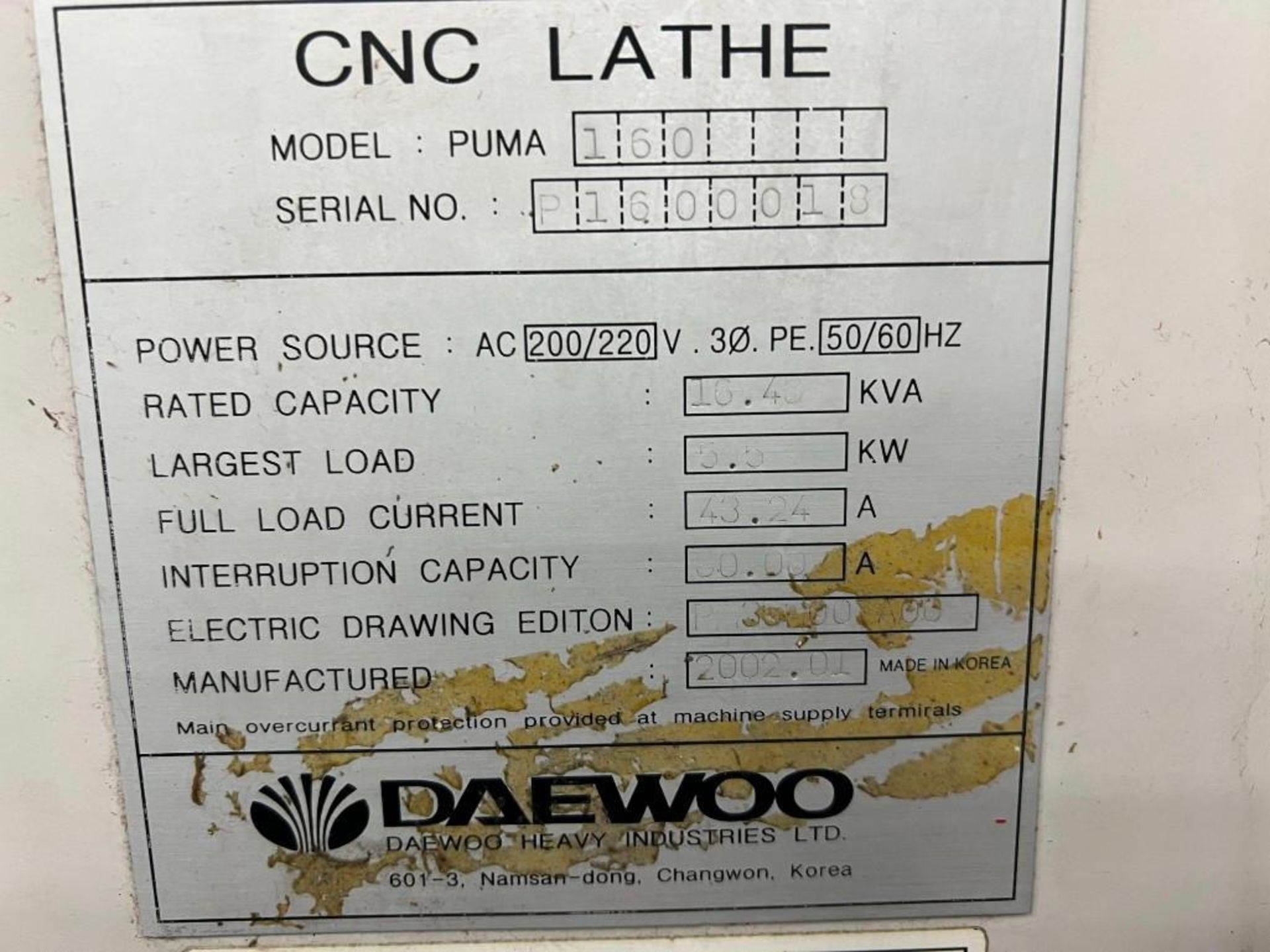 2002 Daewoo Puma 160 CNC Lathe w/Loader - Image 5 of 10