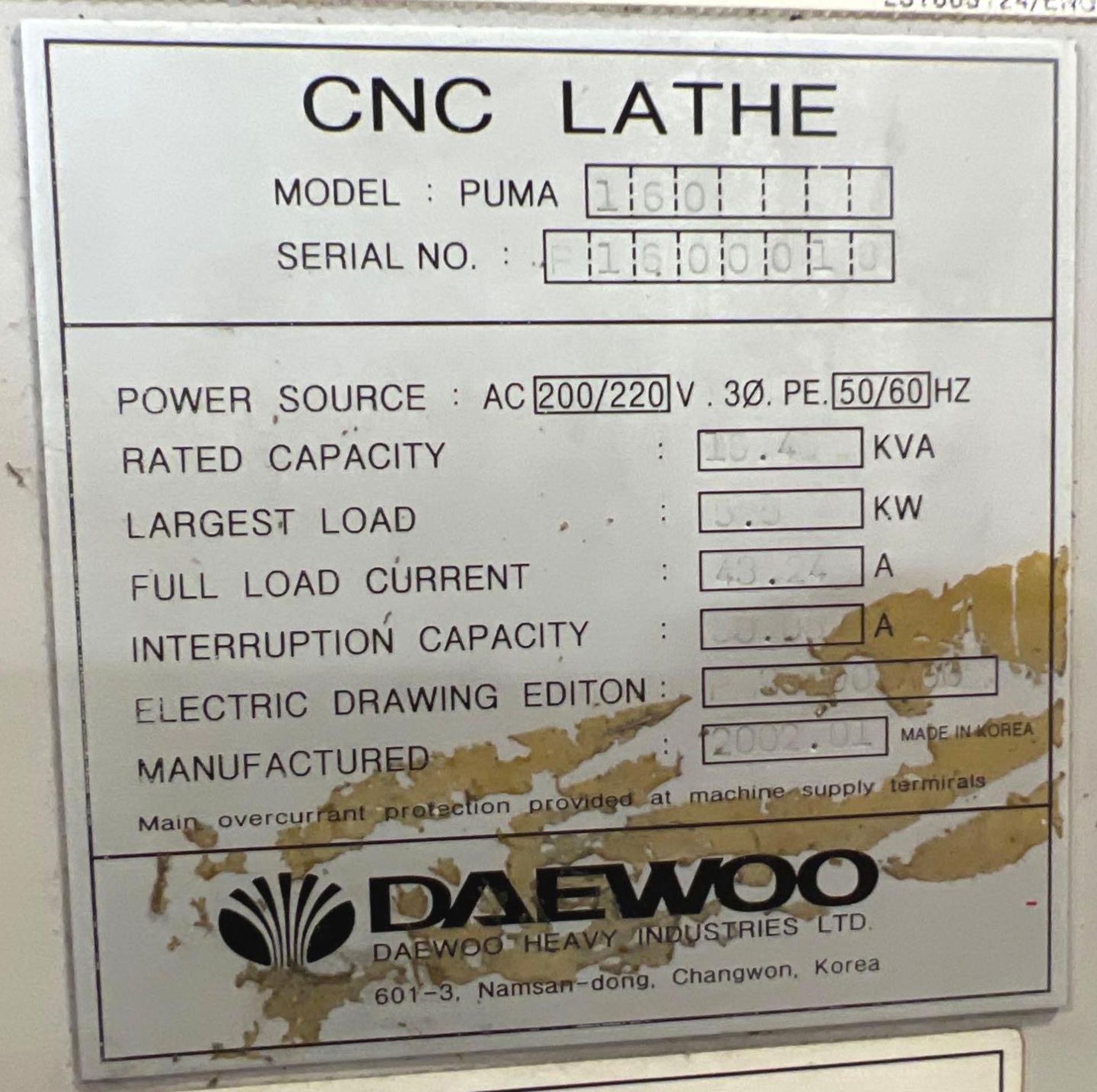 2002 Daewoo Puma 160 CNC Lathe w/ Loader - Image 7 of 11