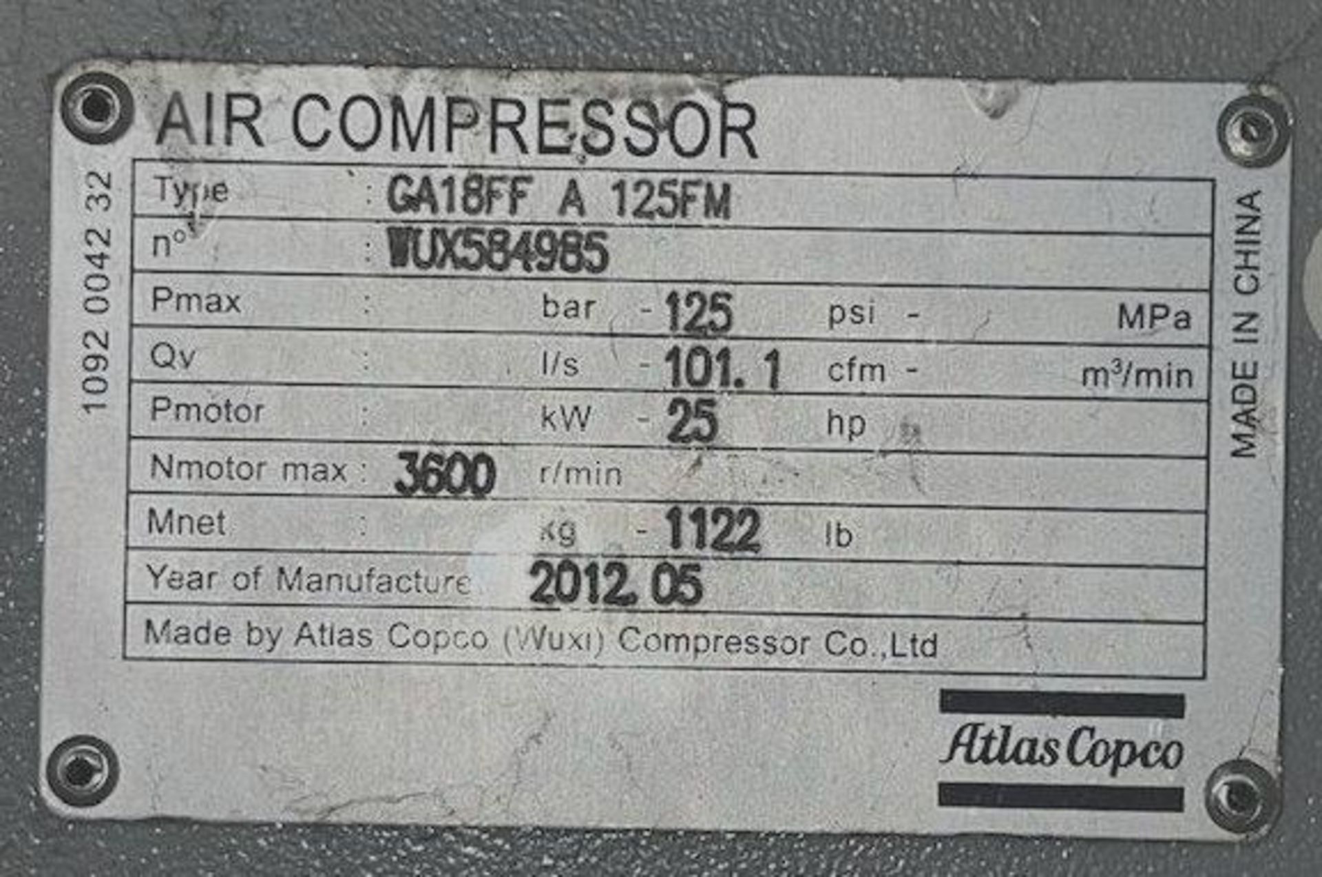 25 HP Atlas Copco GA18FF Rotary Screw Air Compressor - Image 3 of 5