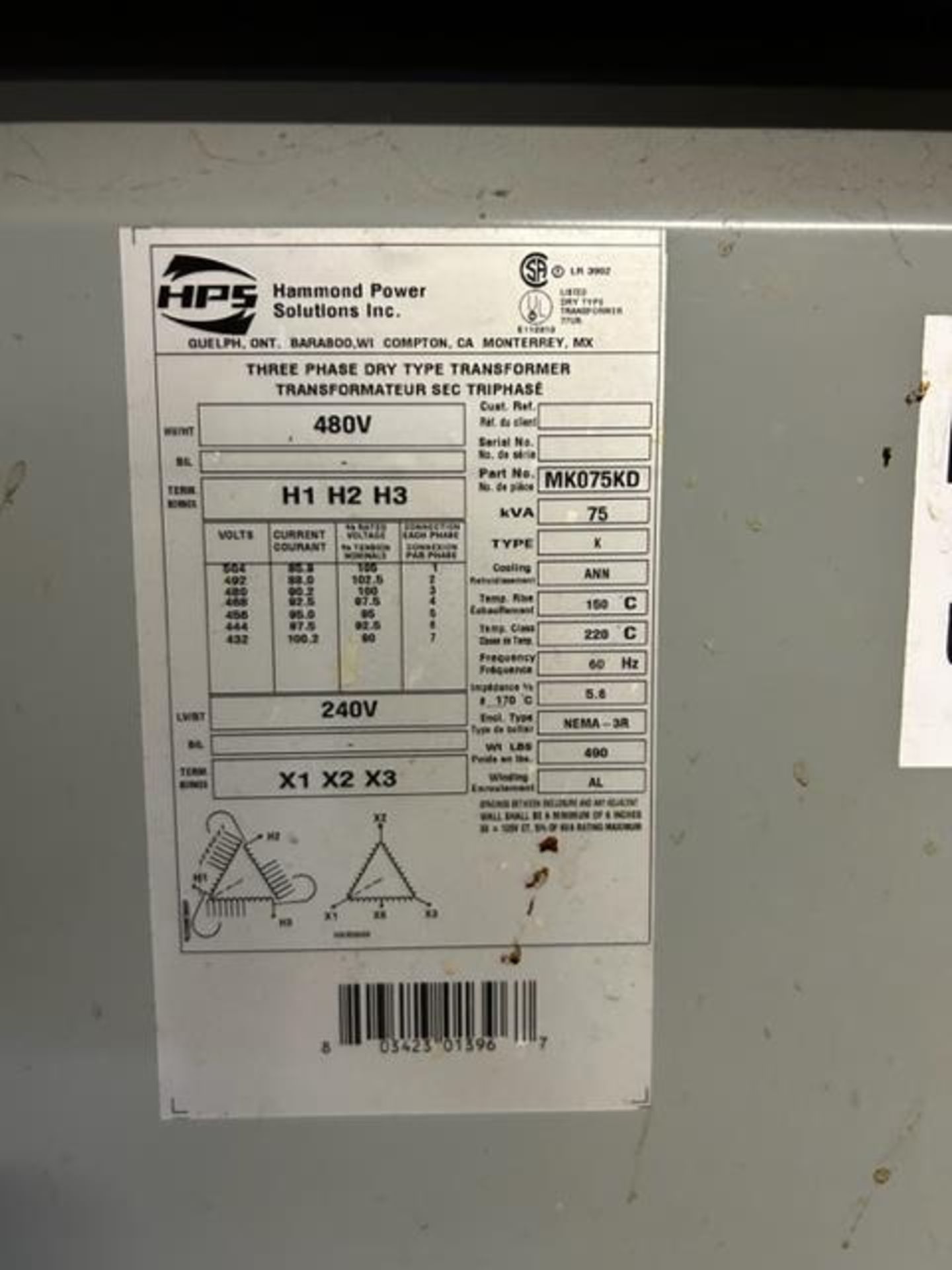 Lot - (3) 75KVA Transformers Ham & Power Solutions Inc. - Image 3 of 3