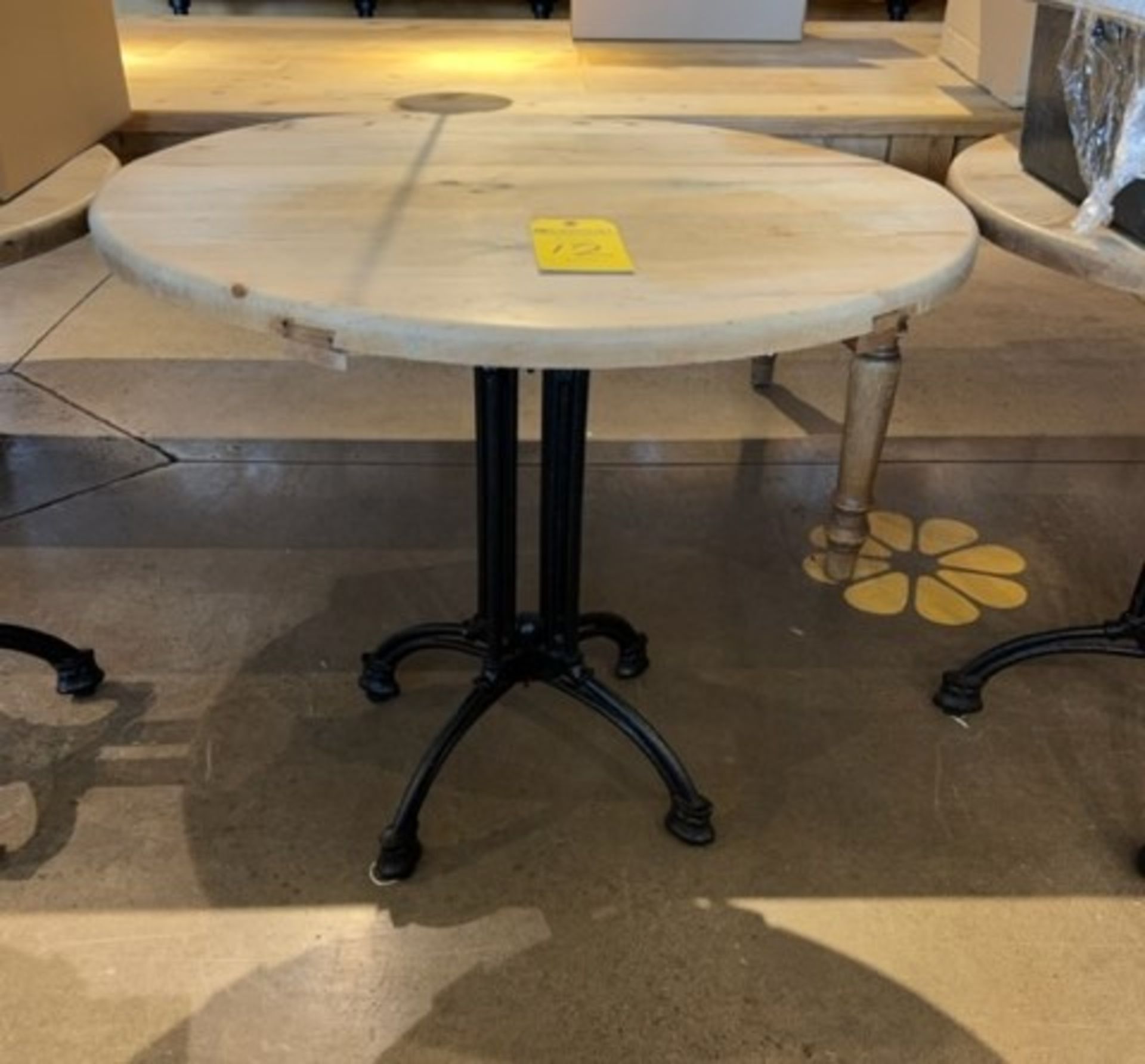 (4) Butcher Block Round Top Tables with Wrought Iron Bases, 34-1/2"