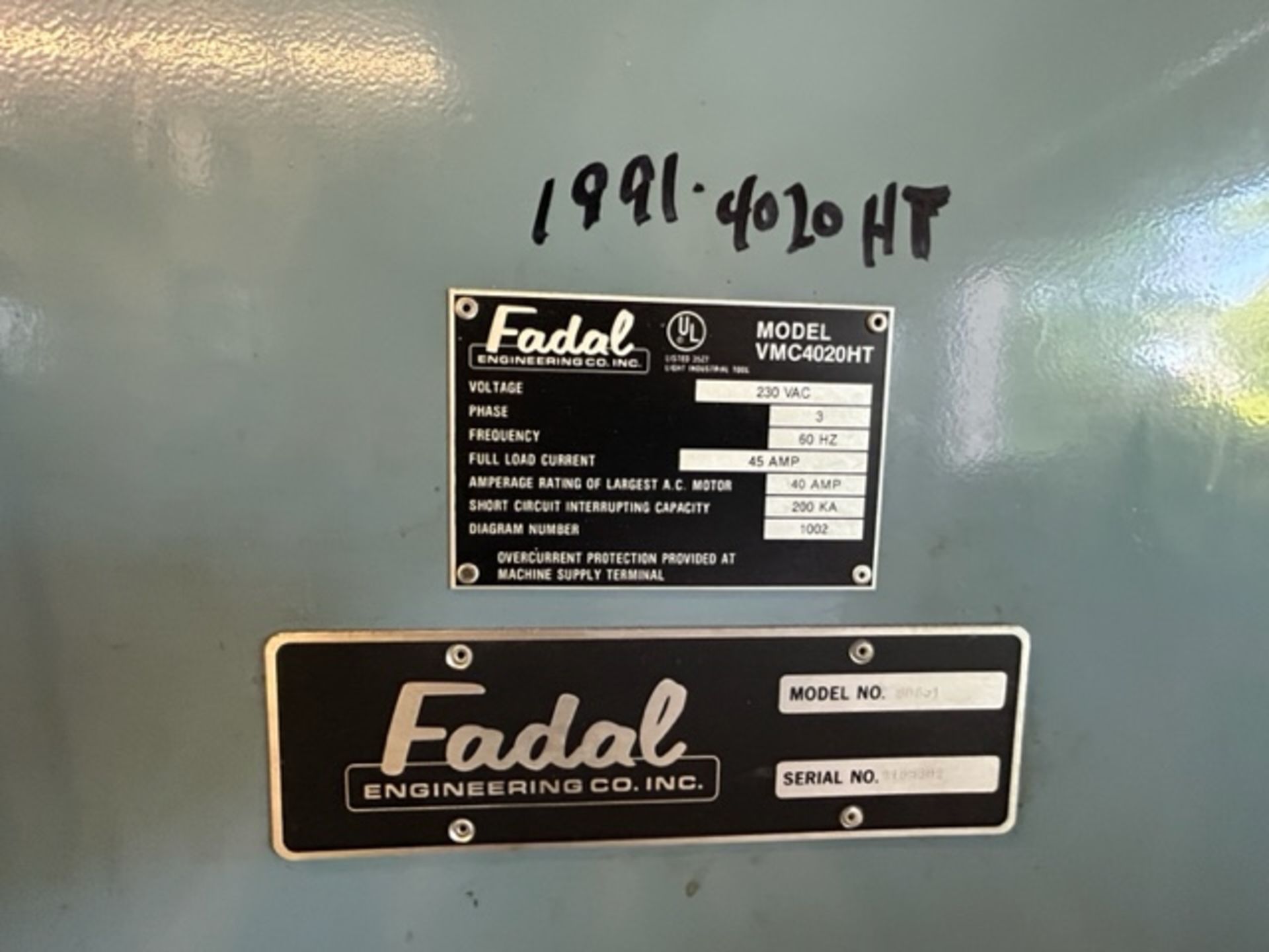 1991 Fadal VMC4020HT CNC 88 3-Phase 230V 60 Hz Vertical Machining Center M: 906-1, SN: 9105309 - Image 7 of 7