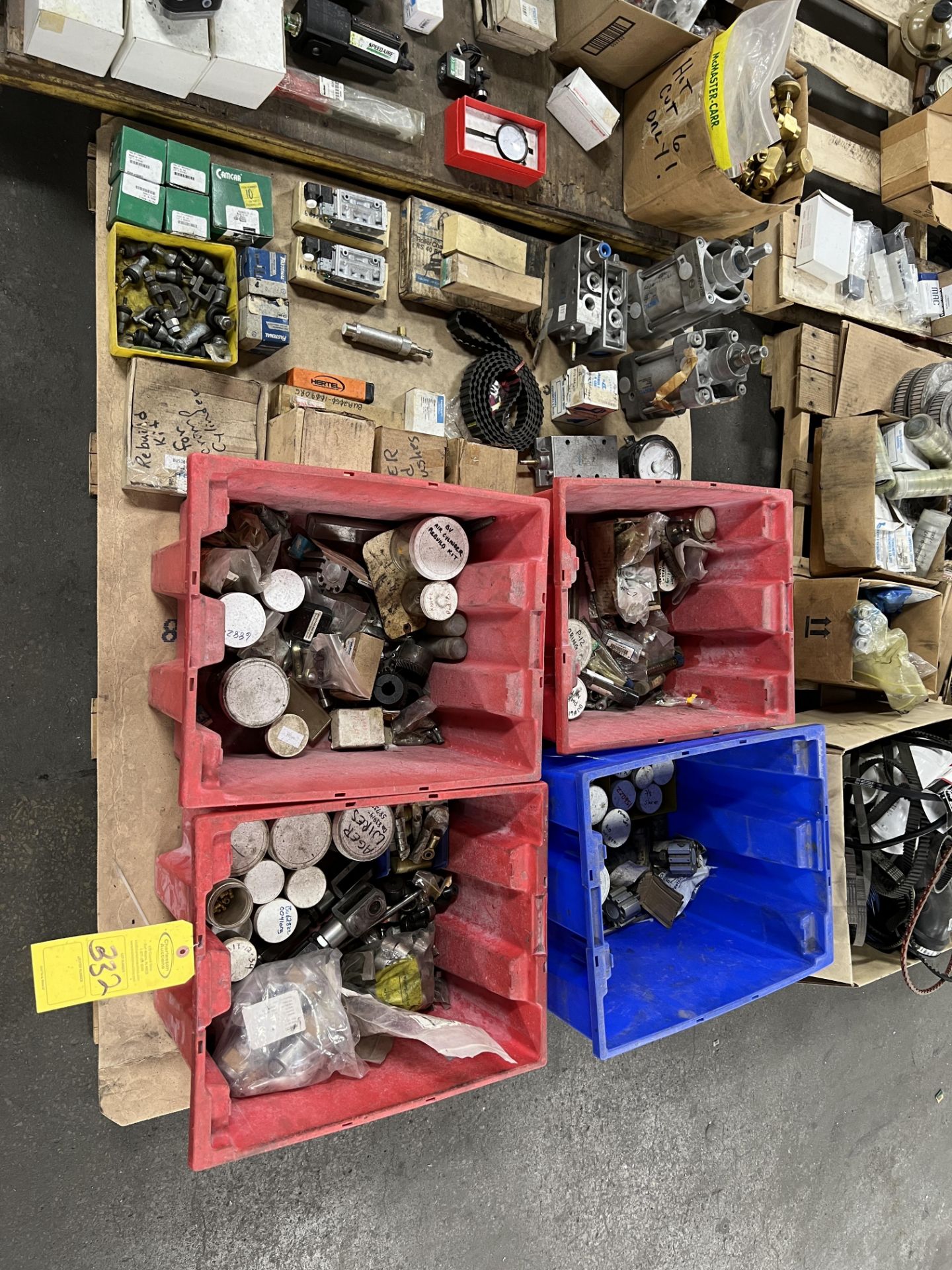 PALLET WITH SCREWS; END BRUSHES; (2) FESTO DNG-100-50-PPV-A AIR CYLINDER; FESTO VALVES; ROLLER