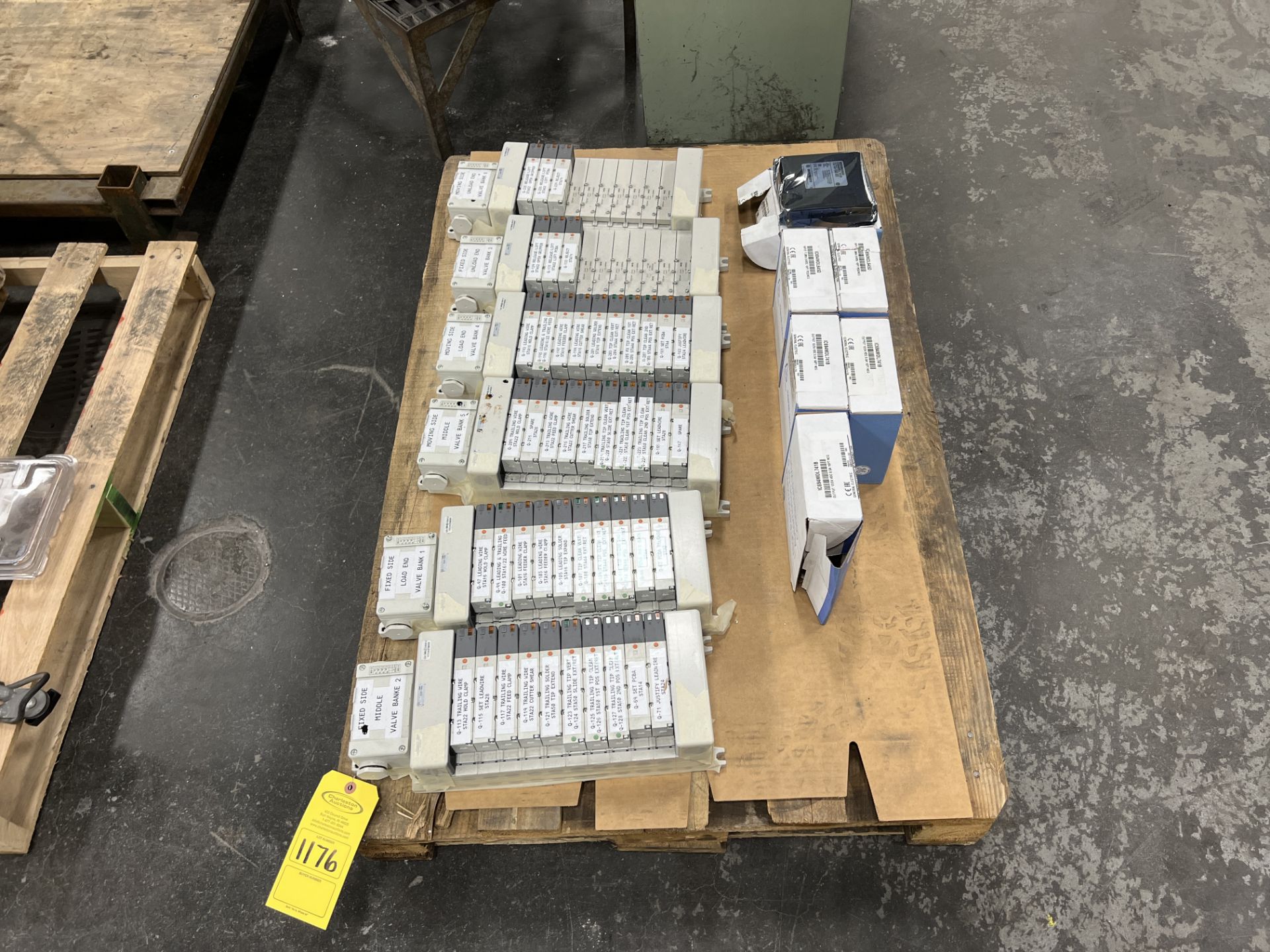 PALLET WITH (16) SMC MANIFOLDS AND (6) GE IC694MDL7418B MODULES