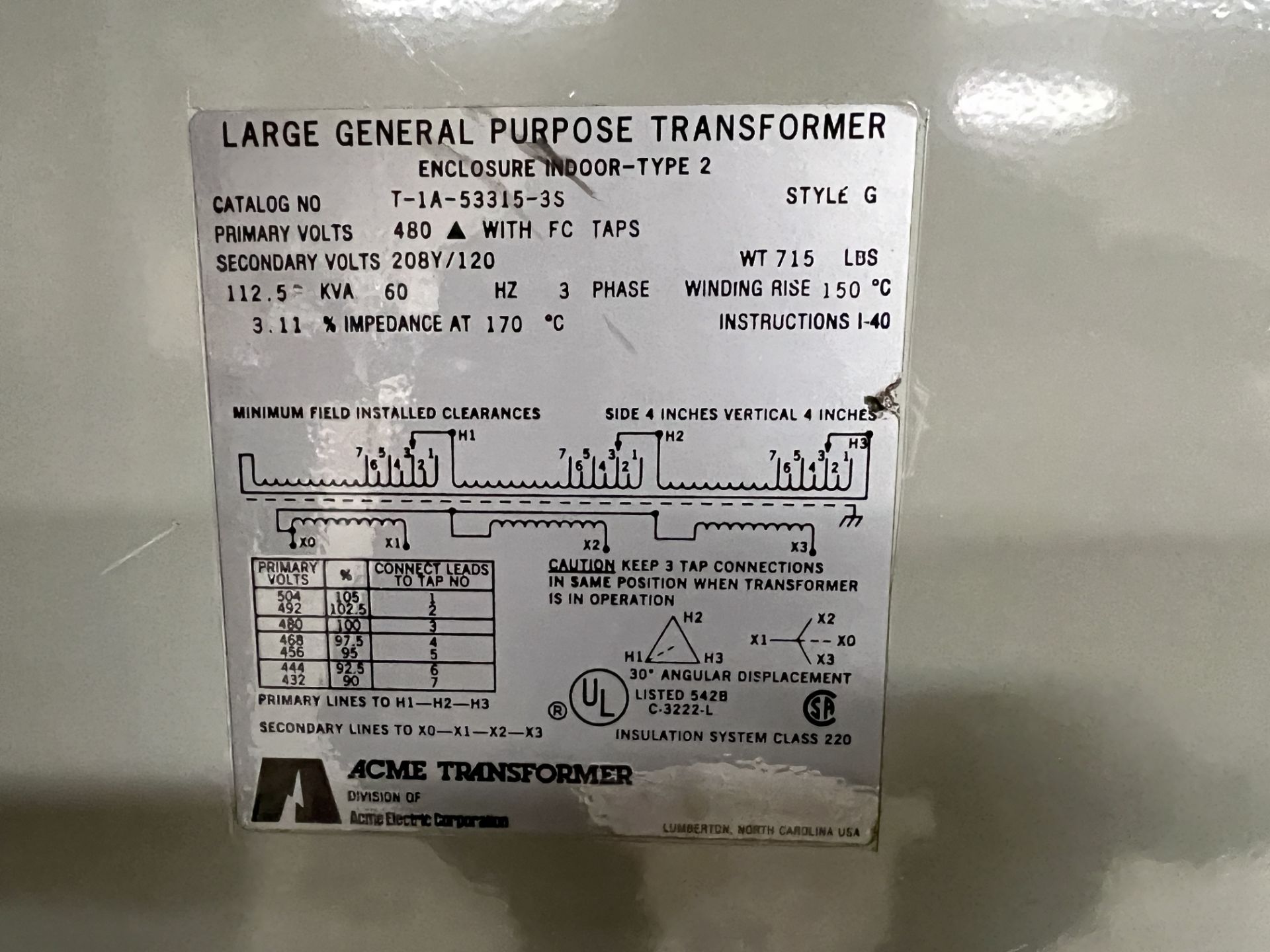 ACME TRANSFORMER 112.5 KVA; CAT # T-1A-53315-35; STYLE G - Image 2 of 2