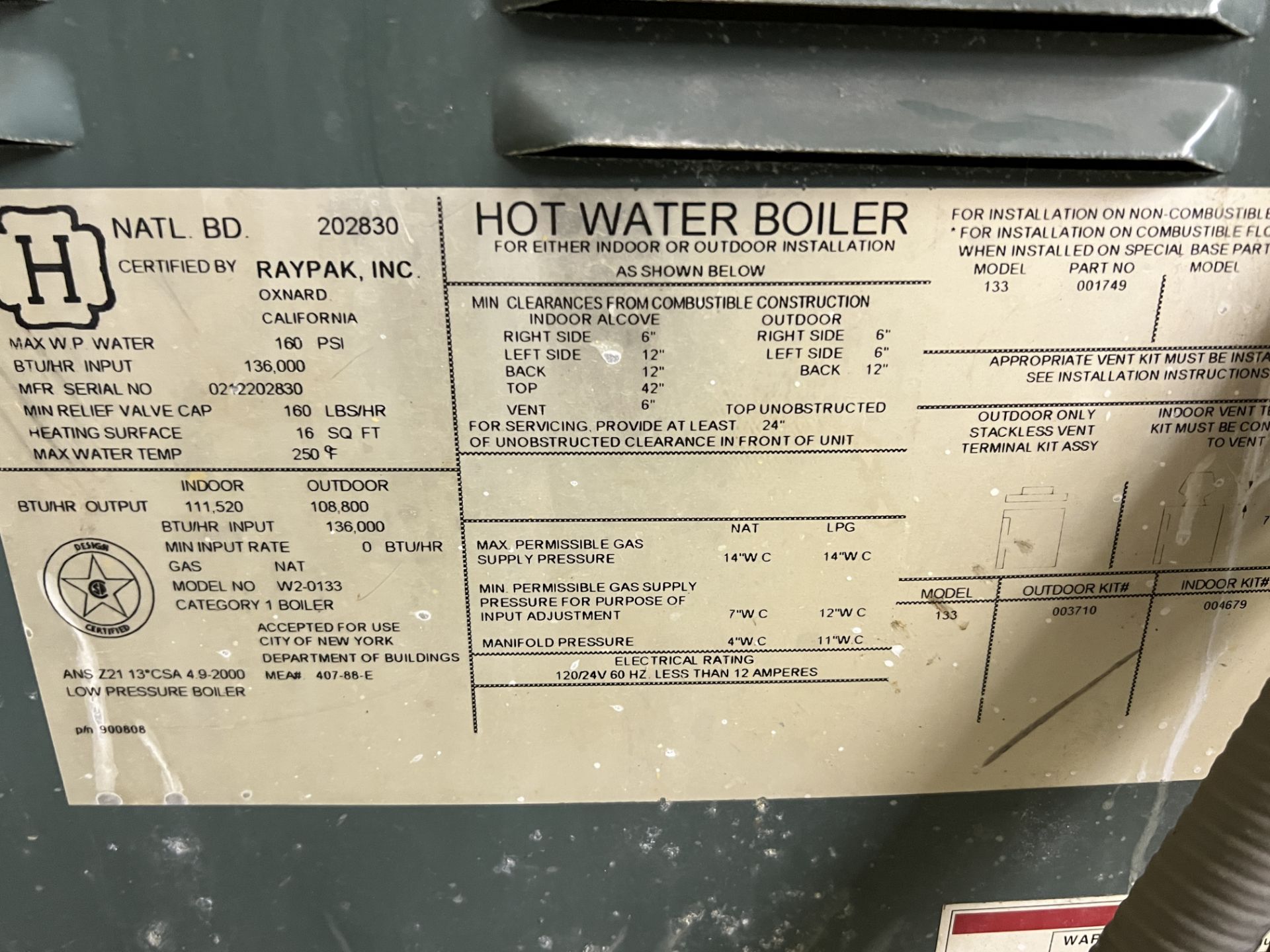 RAYPAK RAYTHERM HOT WATER BOILER 160 PSI; BTU/HR 136000; 16 SQ FT HEATING SURFACE; 250 DEGREE MAX - Image 3 of 3