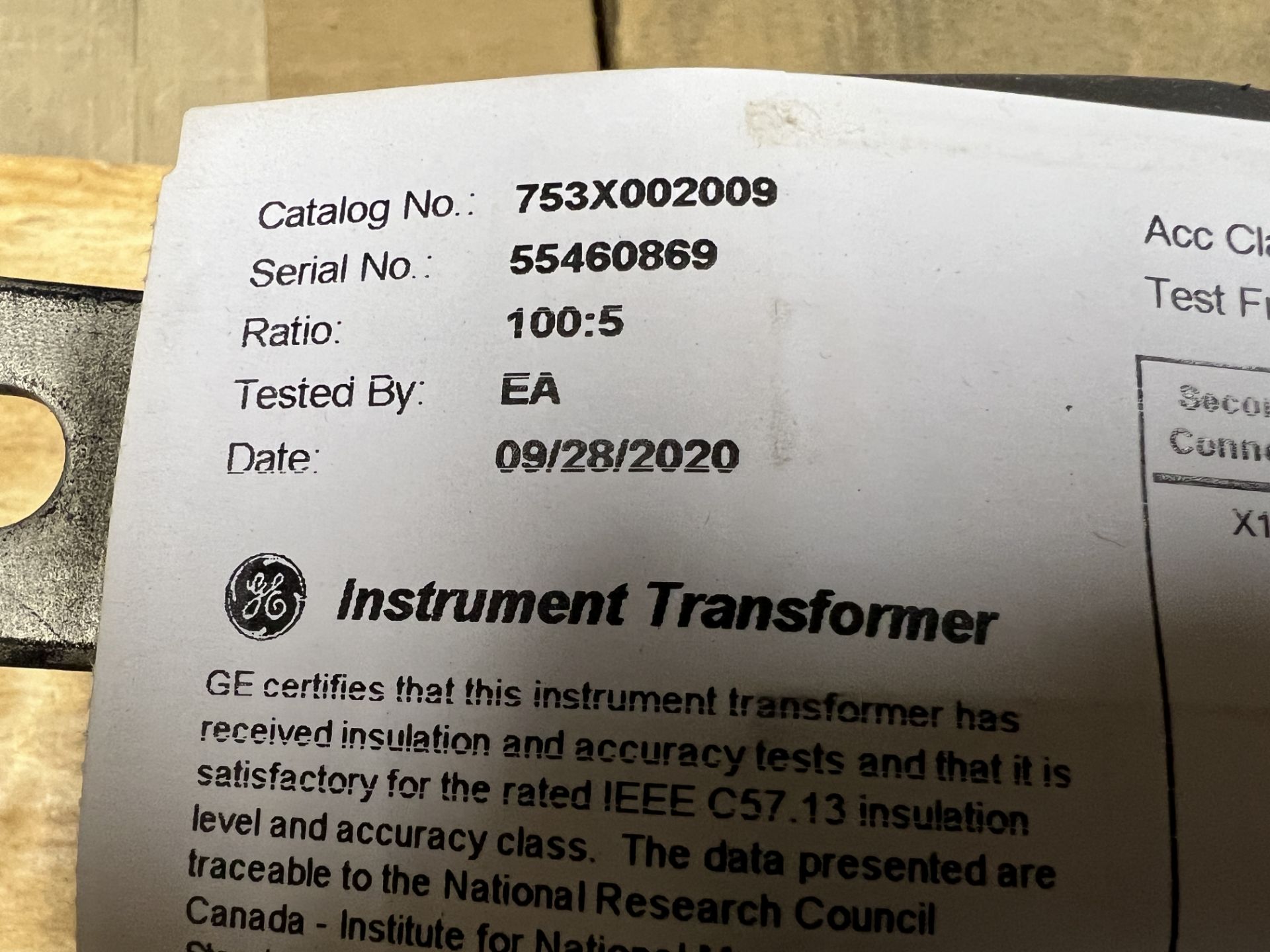 (23) GE INSTRUMENT TRANSFORMER CAT: 753X002009 - Image 2 of 2