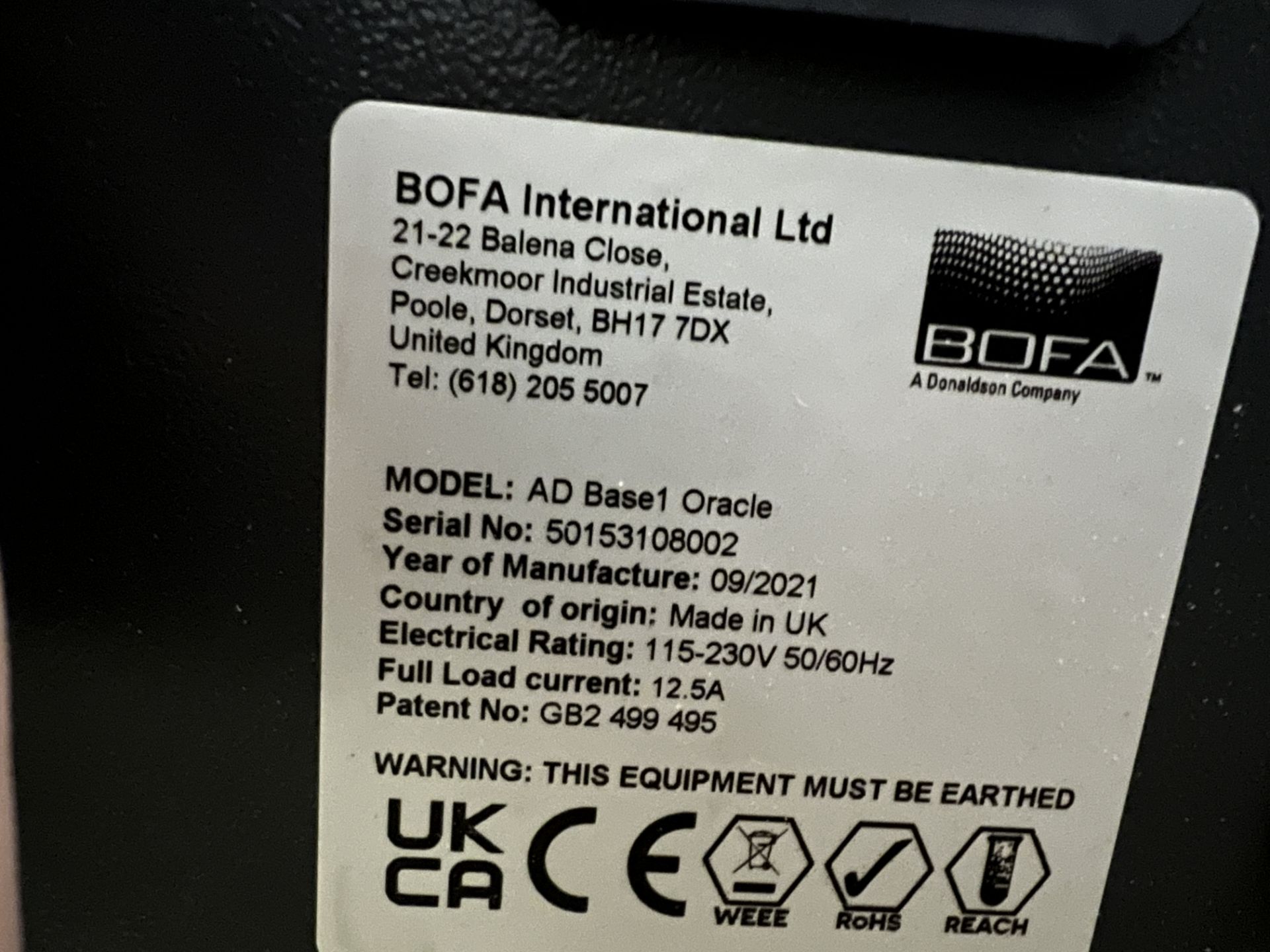 2021 BOFA FUME EXTRACTOR MODEL # AD BASE 1 ORACLE; SERIAL # 50153108002; 115-230V; 50/60HZ; 12.5A - Image 3 of 3