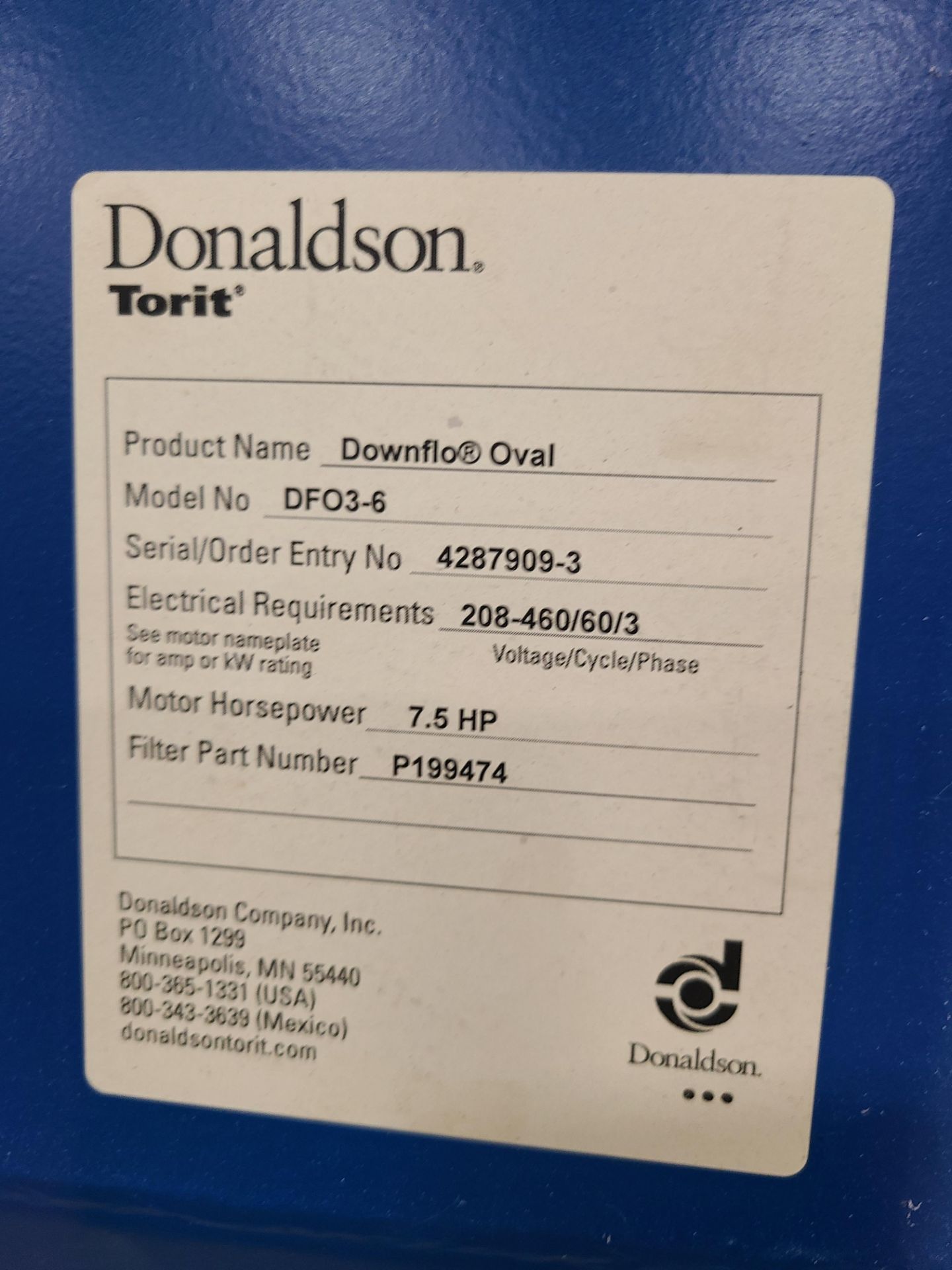 DONALDSON TORIT DOWNFLO OVAL DUST COLLECTOR MODEL # DF03-6 SERIAL # 4287909-3 6 BAG 7.5 HP - Image 2 of 3