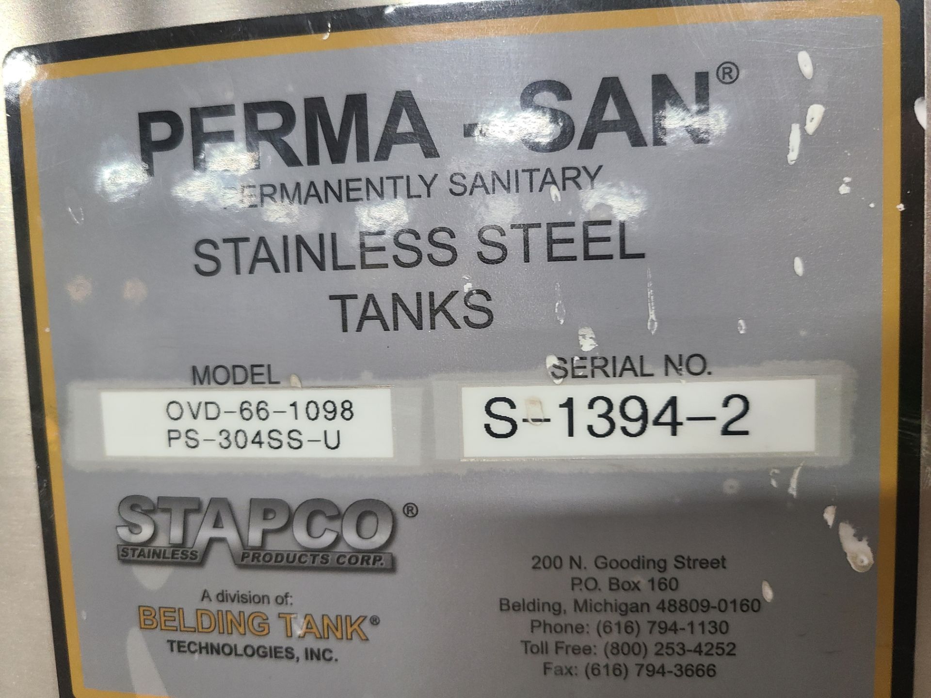 PERMA-SAN STAINLESS STEEL TANK MODEL # OVD-66-1098 SERIAL # S-1394-2 - Image 2 of 2