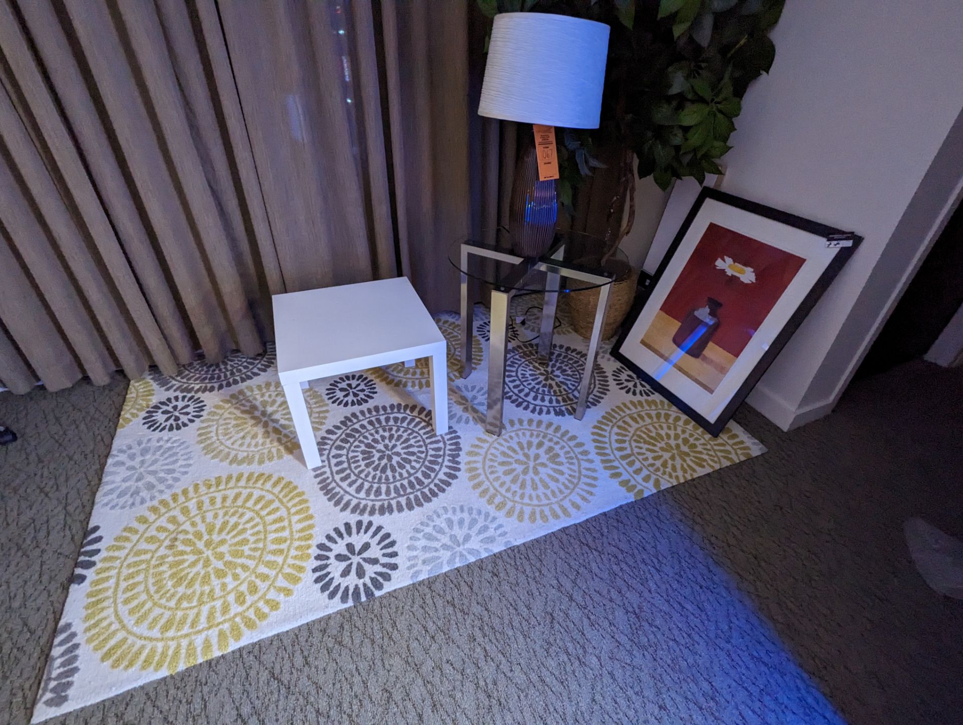 DECORATIVE CARPET; GLASS TABLE; LAMP; PICTURE; LIVE TREE WITH VASE