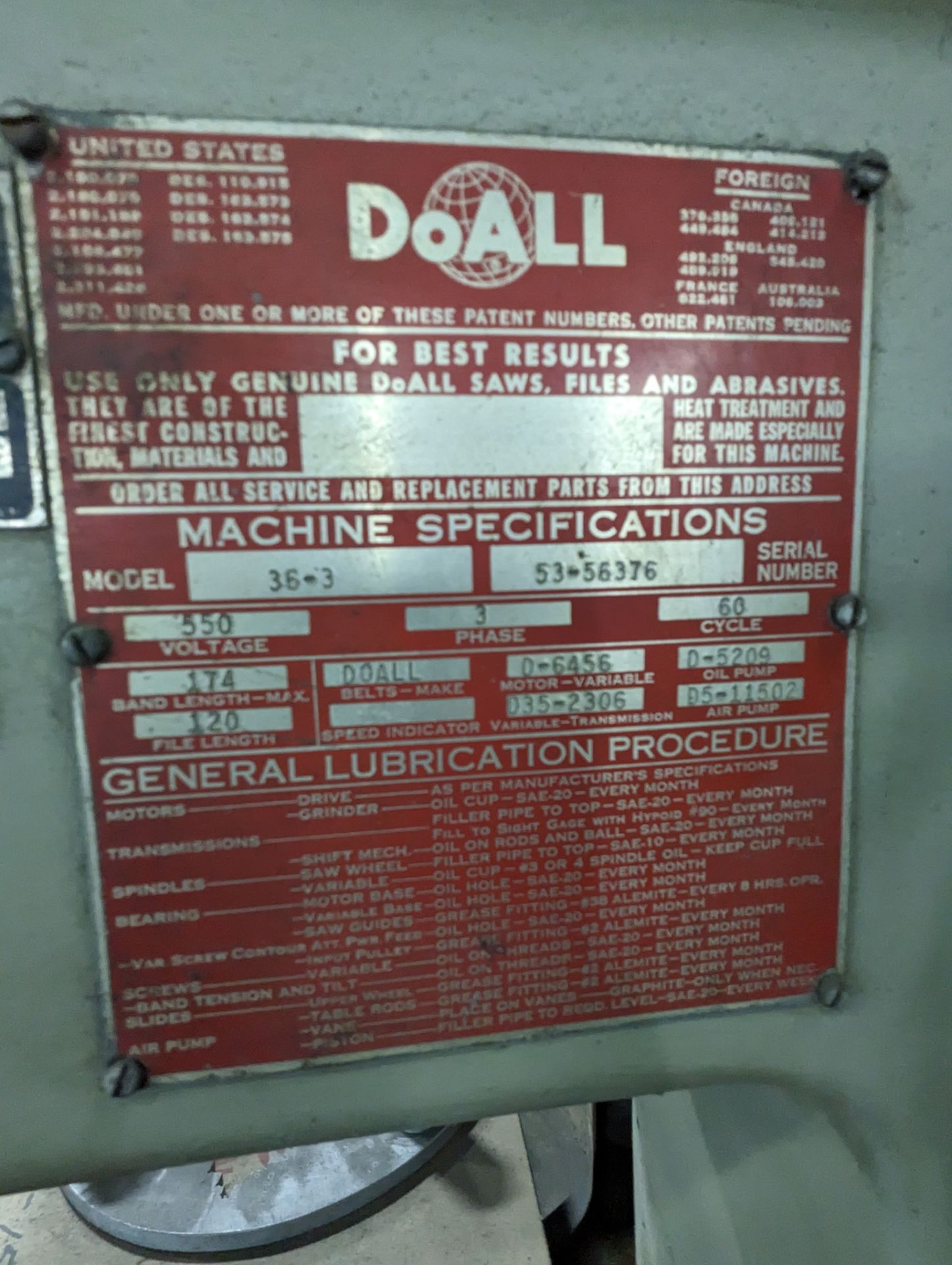 DOALL COUNTER-MATIC VERTICAL BAND SAW 36" MODEL # 36-3 SERIAL # 53-56376 - Image 2 of 3