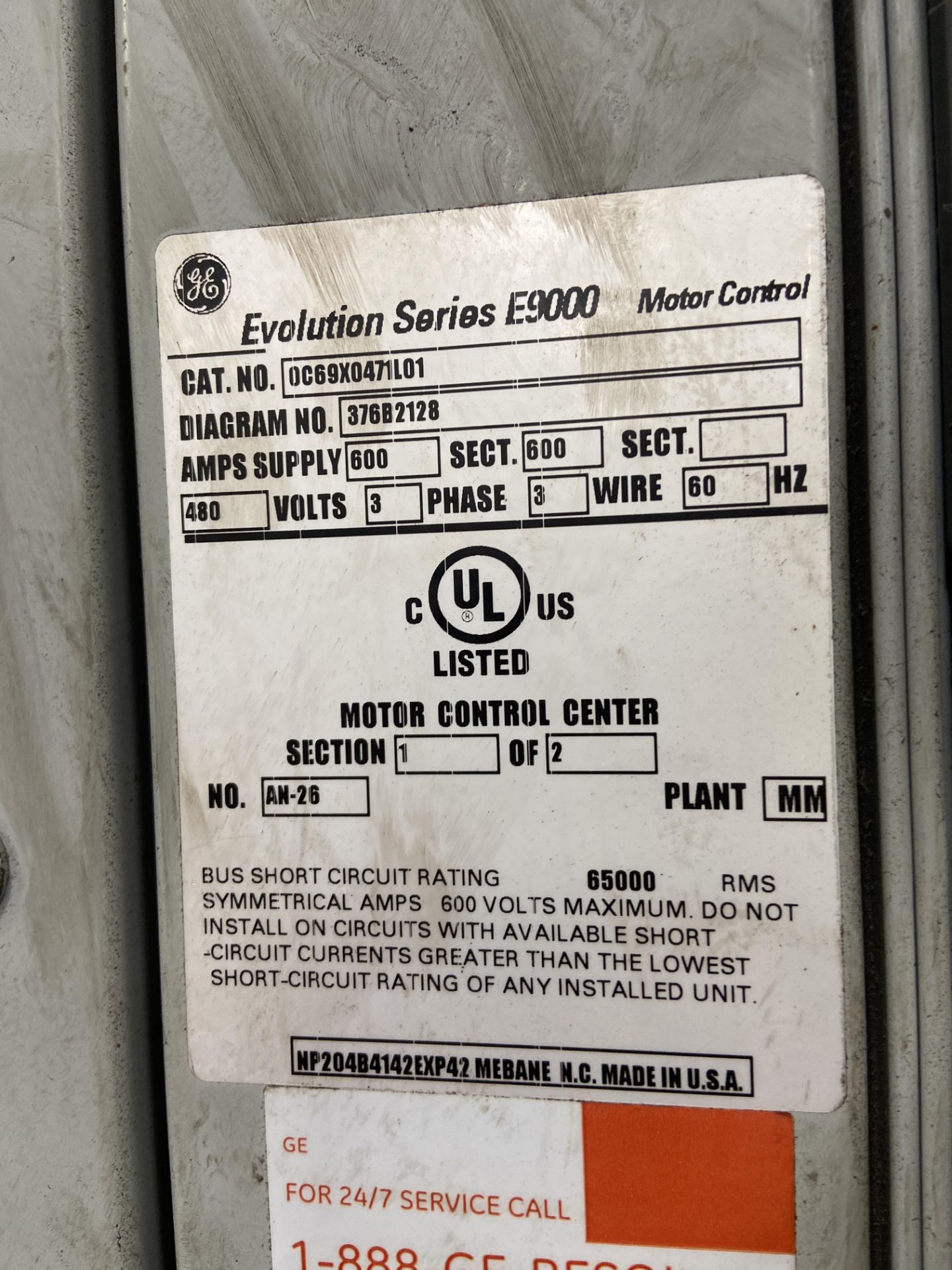 GE EVOLUTION SERIES E9000 MOTOR CONTROL CENTER - Image 2 of 2