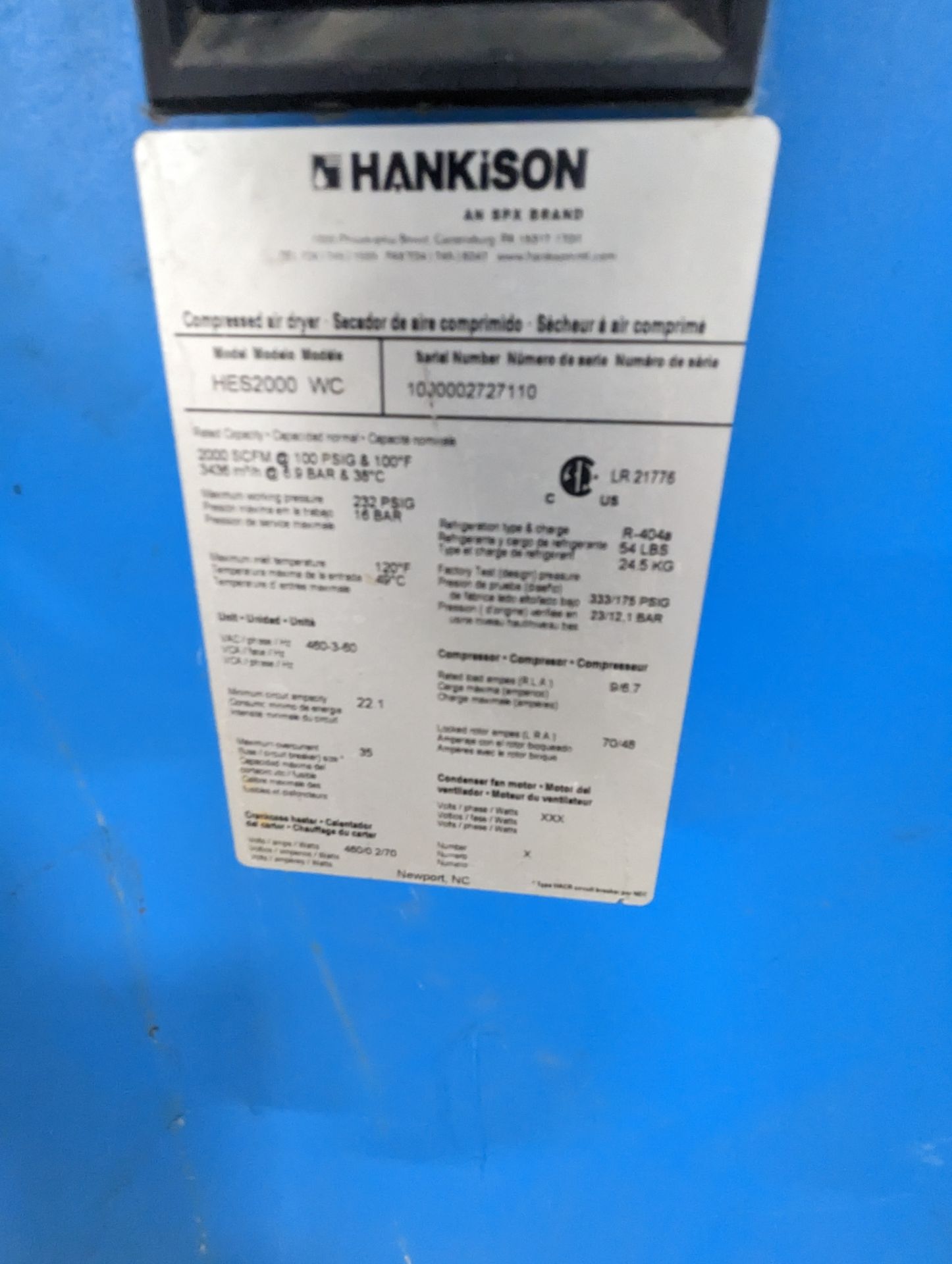 HANKINSON ENERGY SAVING REFRIGERATED COMPRESSED AIR DRYER MODEL # HES2000 WC SERIAL # 1000002727110 - Image 2 of 4