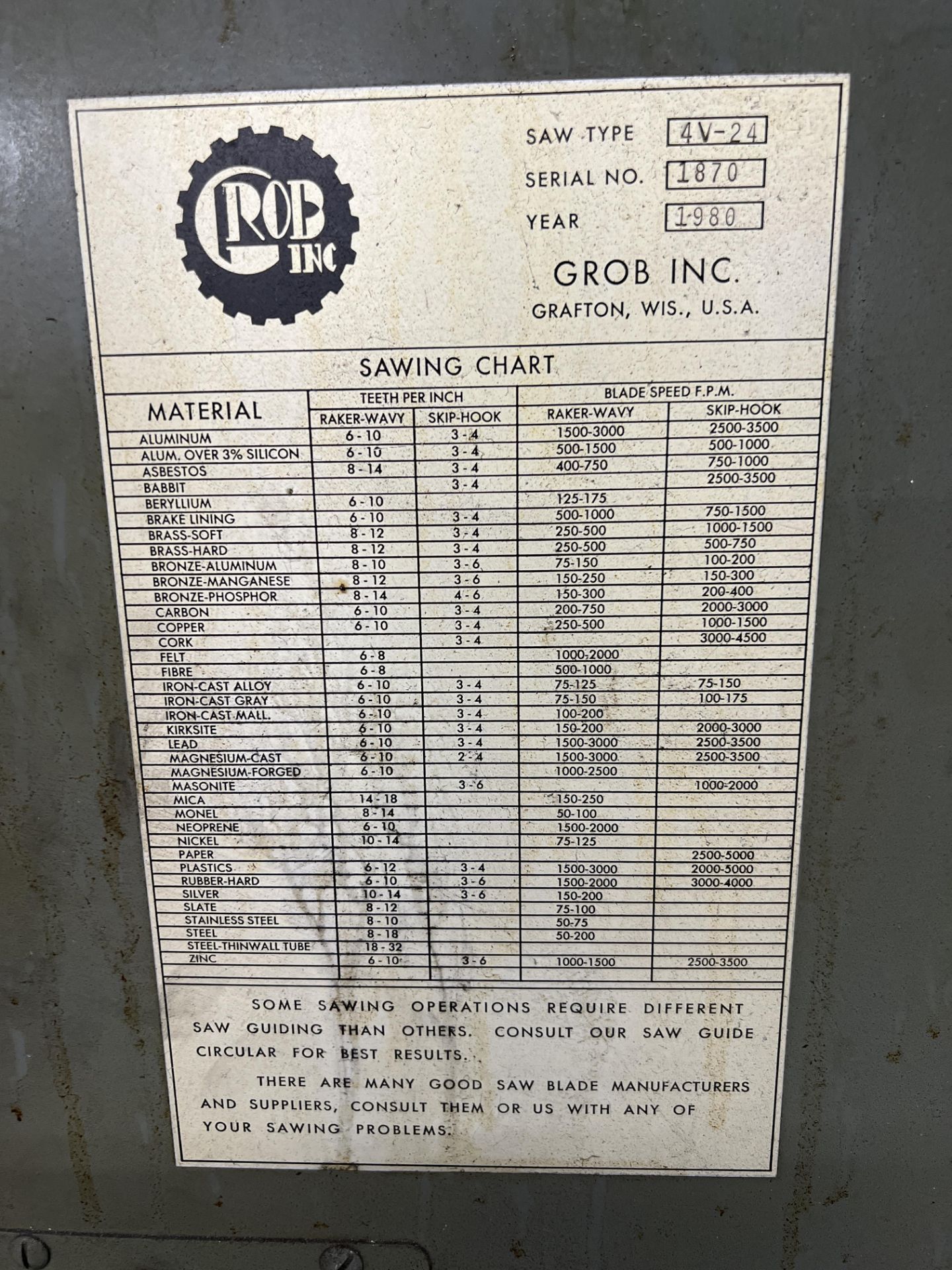 GROB VERTICAL BAND SAW MODEL # 4V-24 SERIAL # 1870 WITH BLADE WELDER - Image 2 of 4