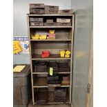 SHELVING AND CONTENTS: WIRE BASKETS; TRAYS; WOOD SHELF