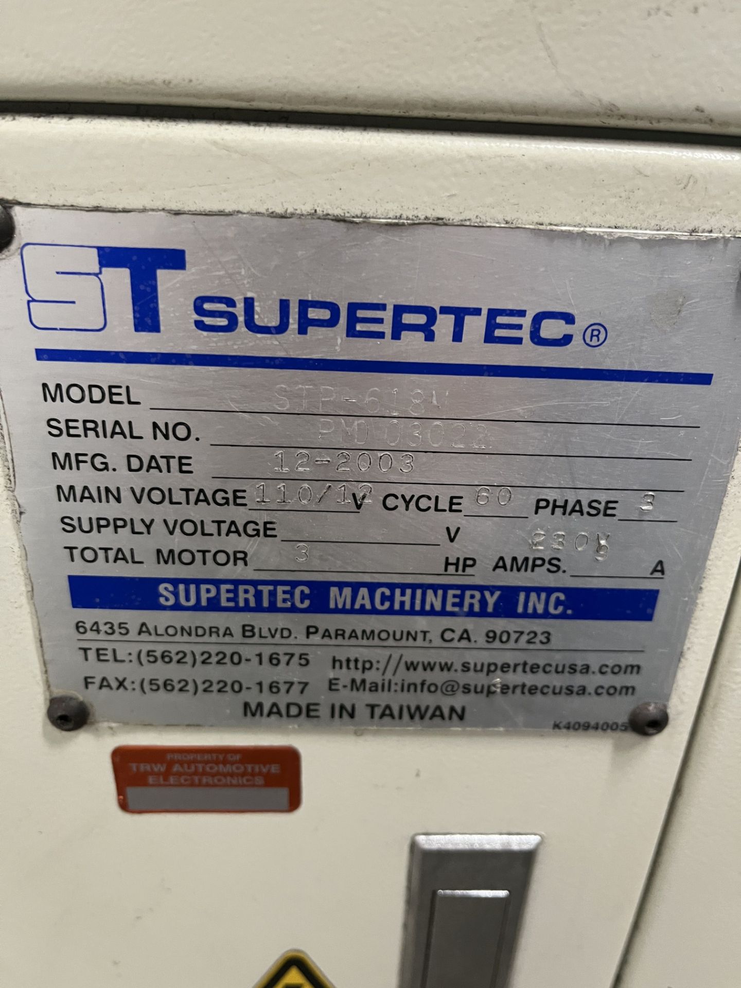 6" X 18" SUPERTEC MODEL STP-618M HAND FEED HORIZONTAL SPINDLE SURFACE GRINDER; S/N PMD03022 (NEW - Image 13 of 13