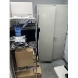 PRECISION INSTRUMENT ROOM FURINTURE, (1) WIRE RACK SHELF, (1) SHOP CABINET, (10 DESK AND CHAIR