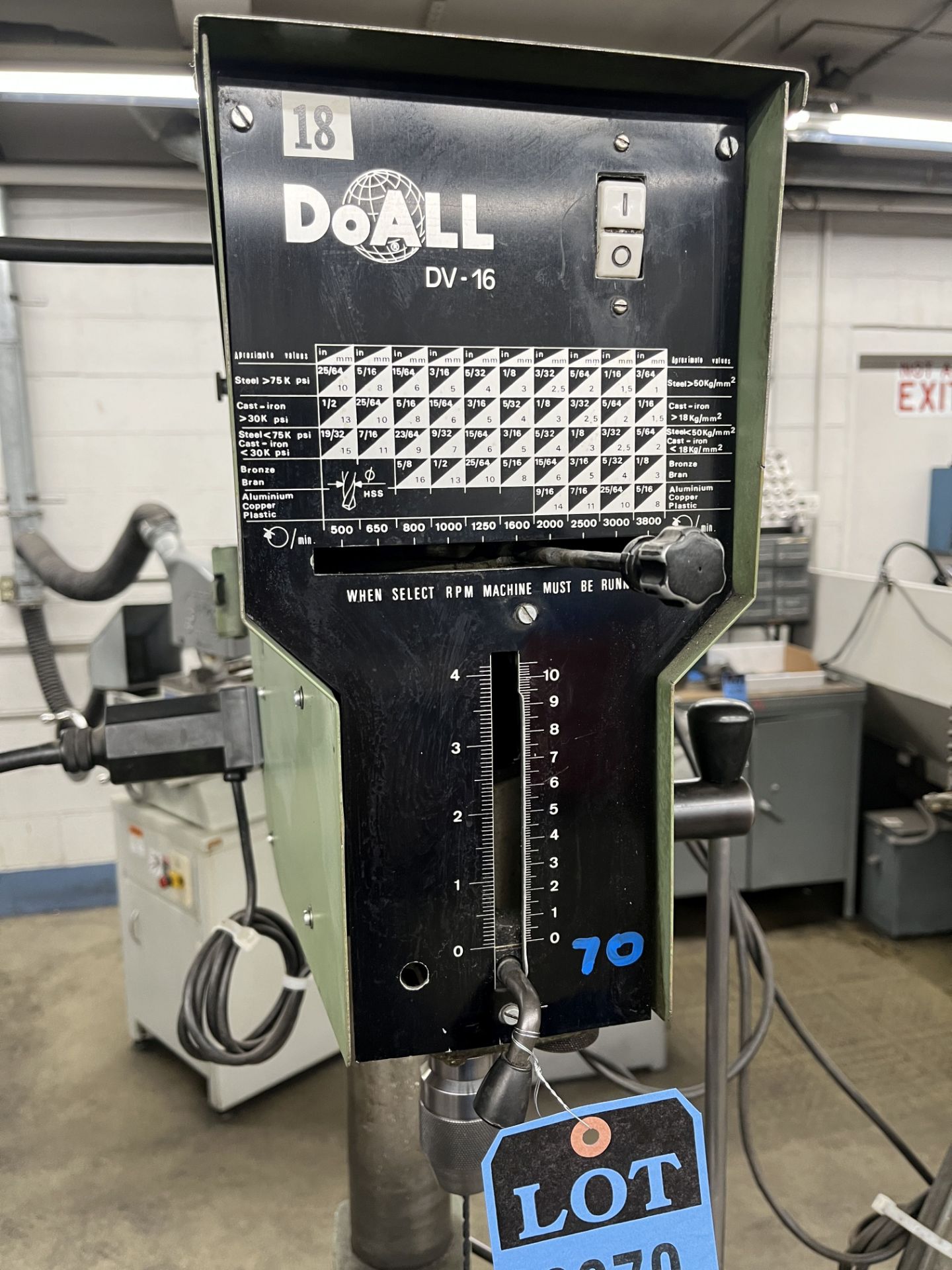 16" DOALL MODEL DV-16 FLOOR TYPE VARIABLE SPEED DRILL PRESS; S/N 8604, 10" X 14" TABLE, 4" QUILL - Image 3 of 10