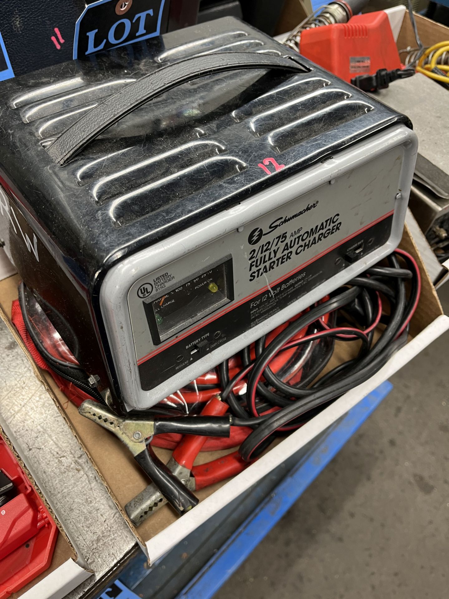 SCHUMACHER 2/12/75 AMP FULLY AUTOMATIC BATTERY CHARGER FOR 12 VOLT BATTERIES, (1) SET JUMPER CABLES - Image 2 of 3