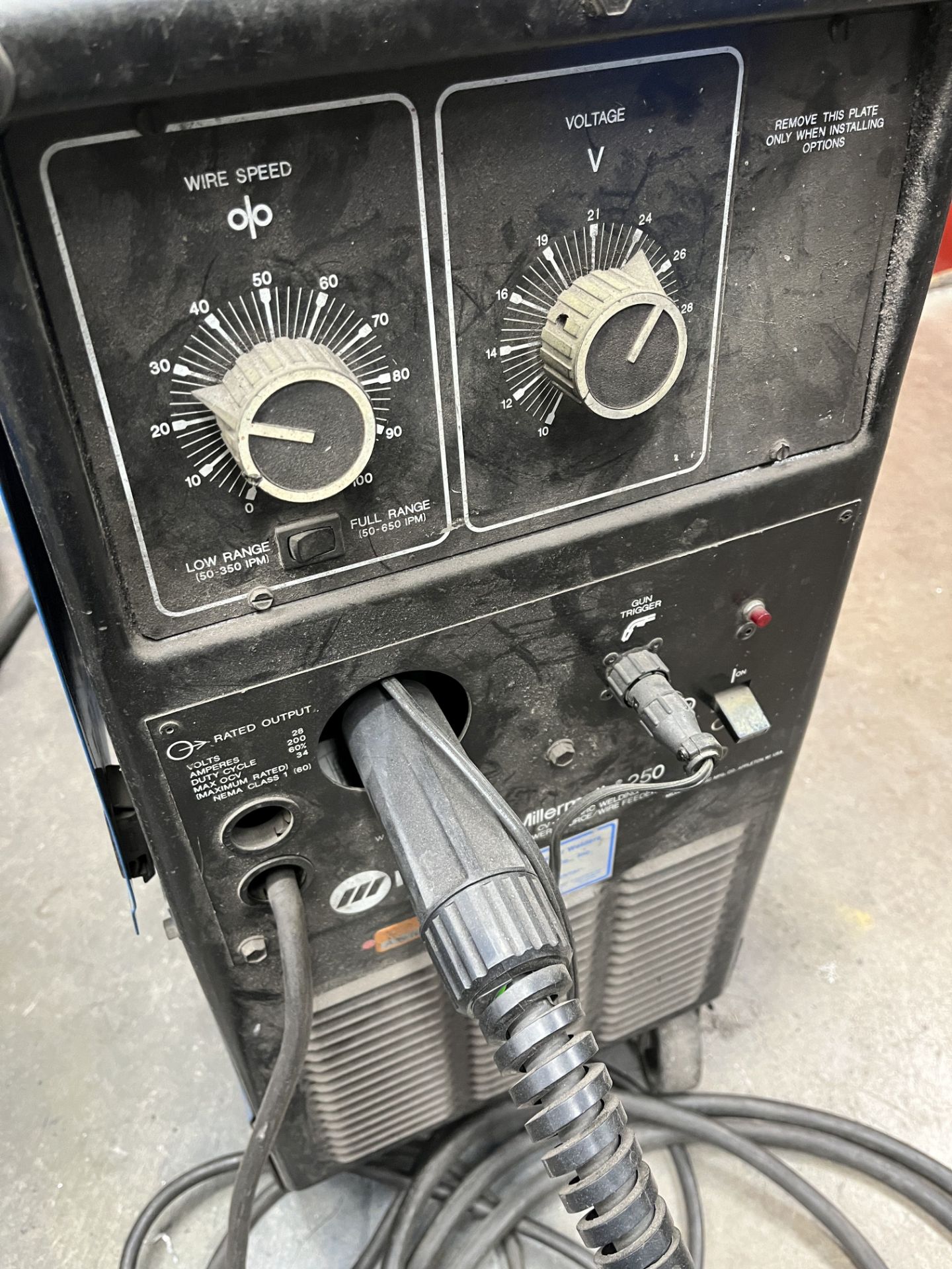 MILLER MODEL MILLERMATIC 250 CV/DC ARC WELDER; S/N KG068432, WITH INTERNAL WIRE FEED, CABLE WITH - Image 5 of 12