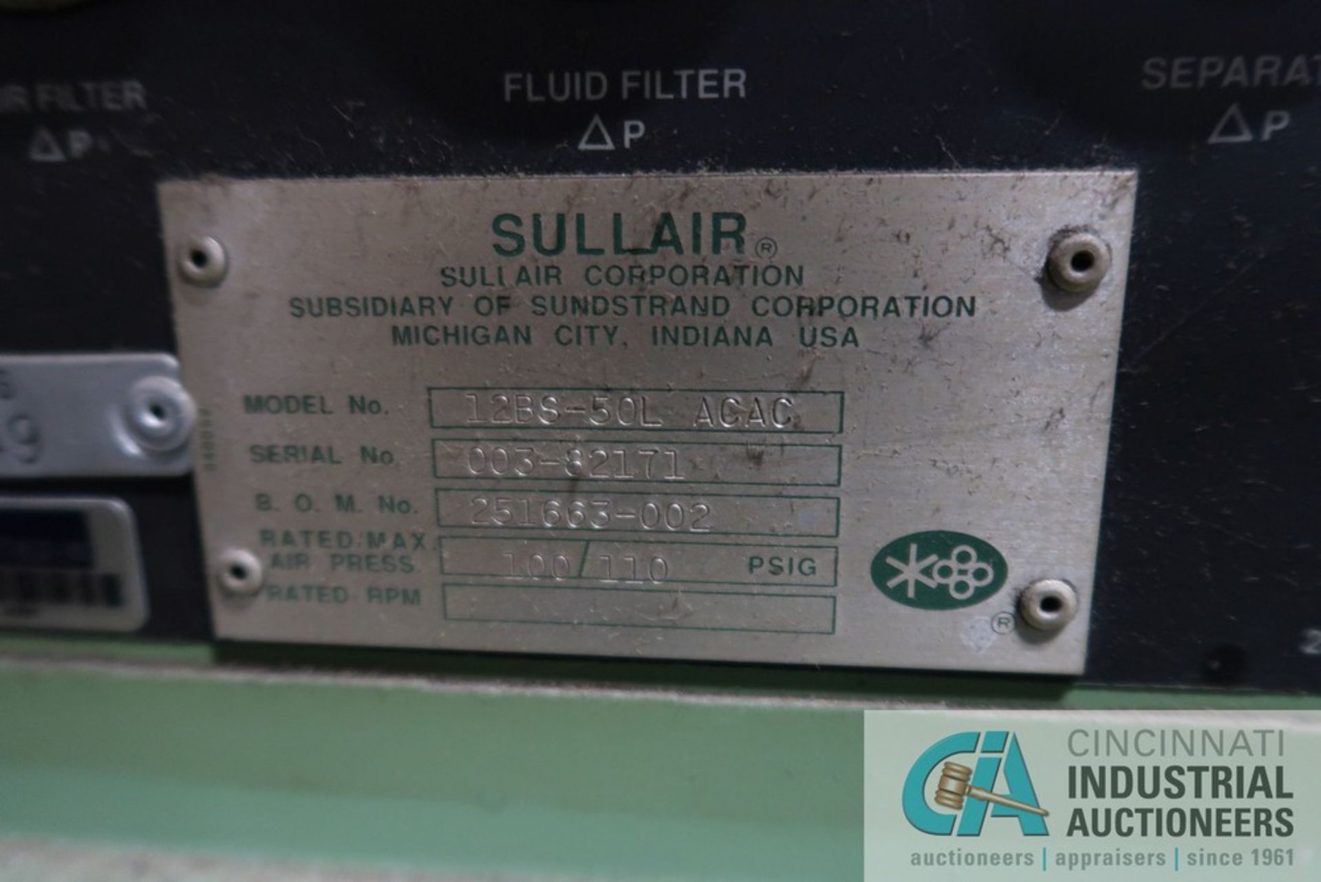 50 HP SULLAIR MODEL 12BS-50L-ACAC AIR COMPRESSOR; S/N 003-82171 (31,625 HOURS SHOWING) **SPECIAL - Image 4 of 6