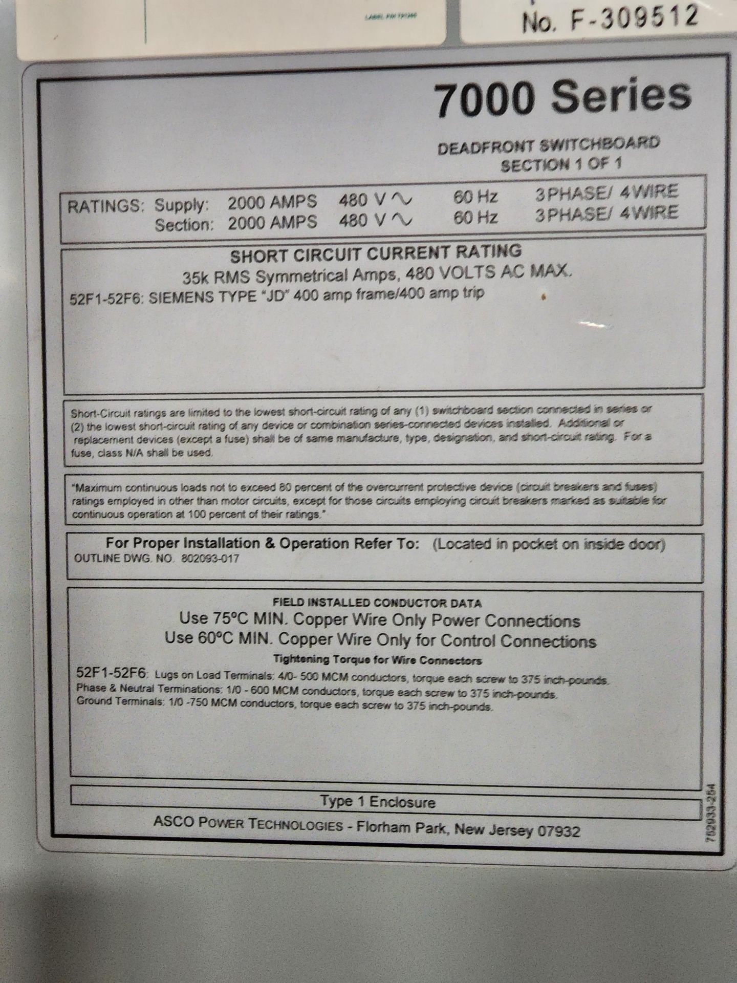 2,000 AMP EMERSON MODEL ASCO 7000 POWER TRANSFORMER SWITCH; (1) MASTER SWITCH & (6) 400 AMP BREAKERS - Image 5 of 5