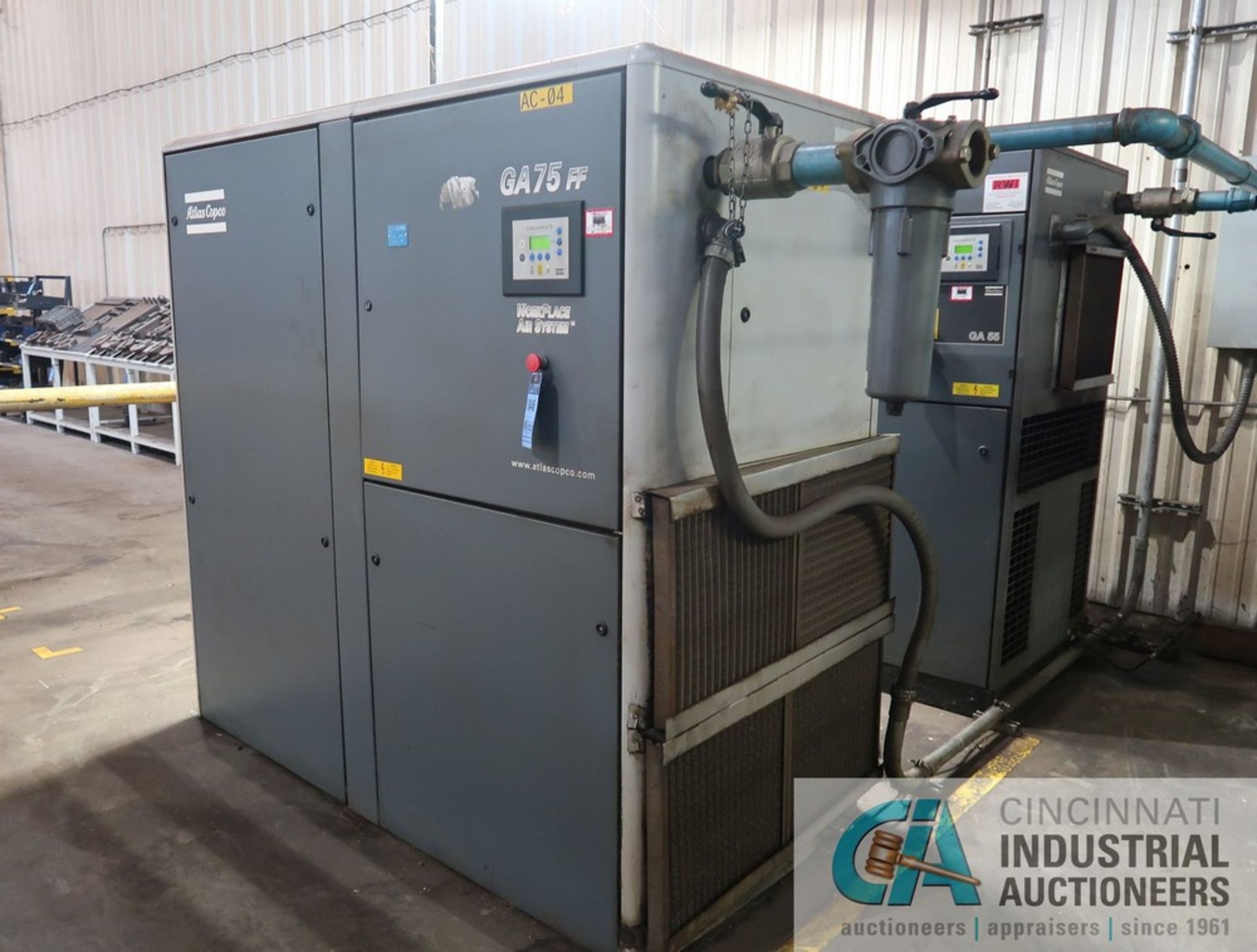 100 HP ATLAS-COPCO MODEL GA75FF STATIONARY SINGLE STAGE OIL INJECTED SCREW AIR COMPRESSOR; S/N