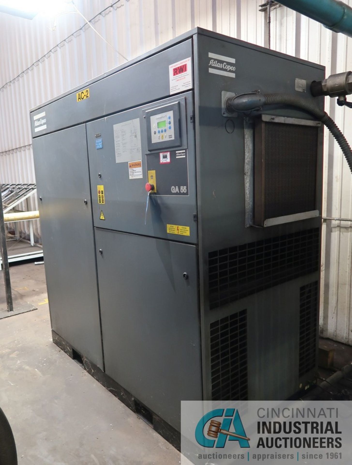 75 HP ATLAS-COPCO MODEL GA55 STATIONARY SINGLE STAGE OIL INJECTED SCREW AIR COMPRESSOR; S/N HOLO0896