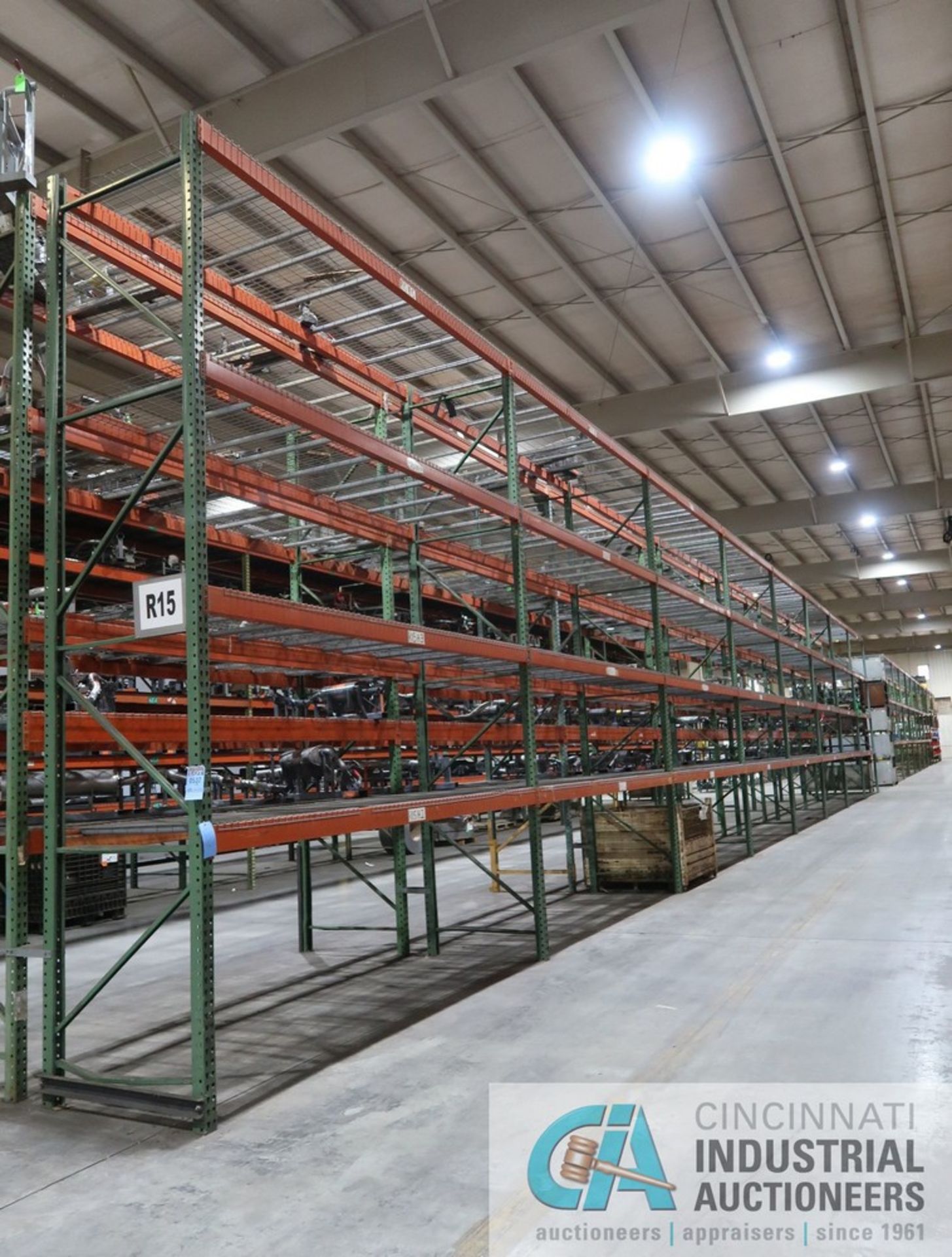 SECTIONS 42" X 144" X 16' PALLET RACK, (9) UPRIGHTS, (64) 5" FACE CROSS BEAMS, WIRE DECKING