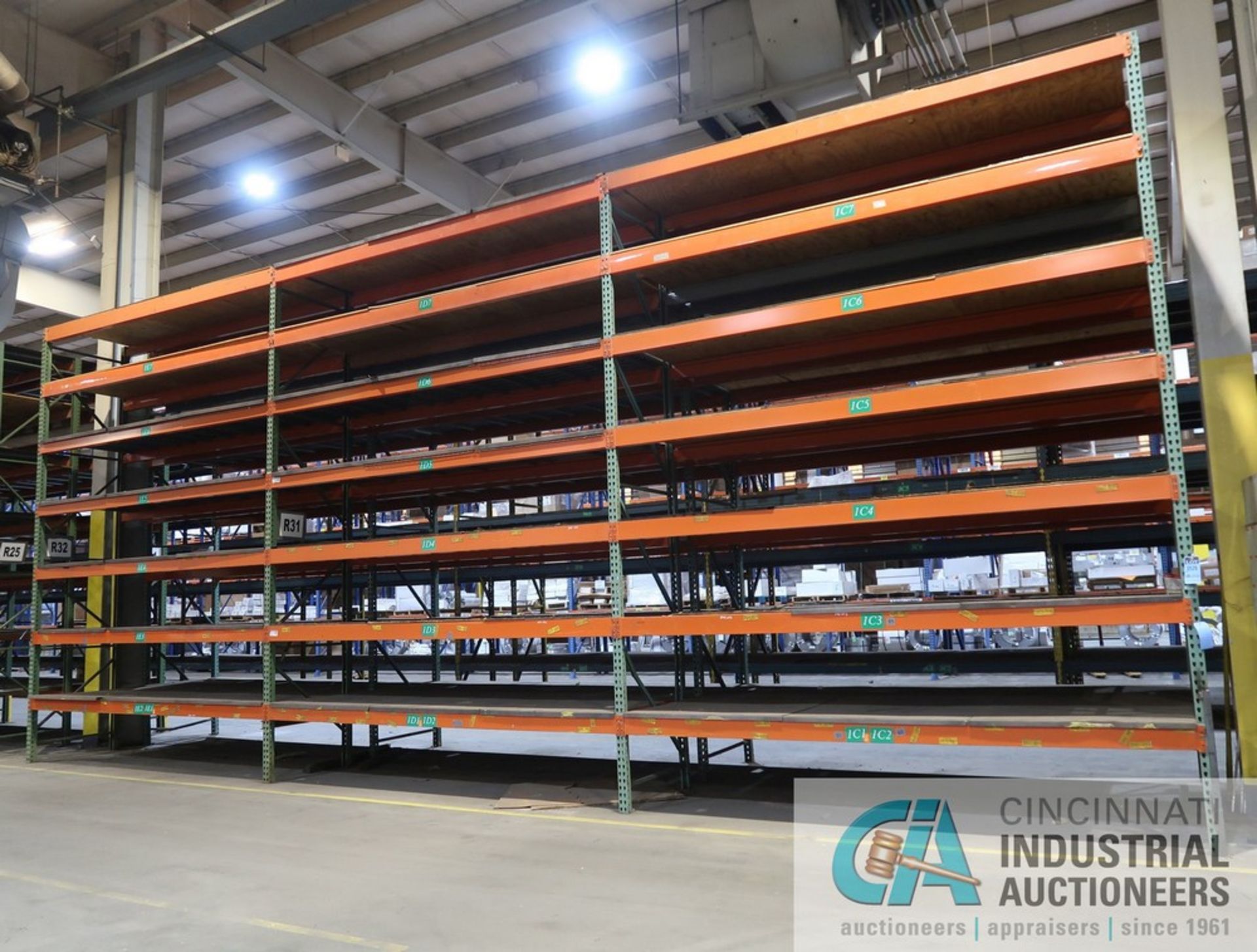 SECTIONS 42" X 144" Z 16' PALLET RACK, (8) UPRIGHTS, 984) 5" FACE CROSSBEAMS WITH 96" STEEL DECK