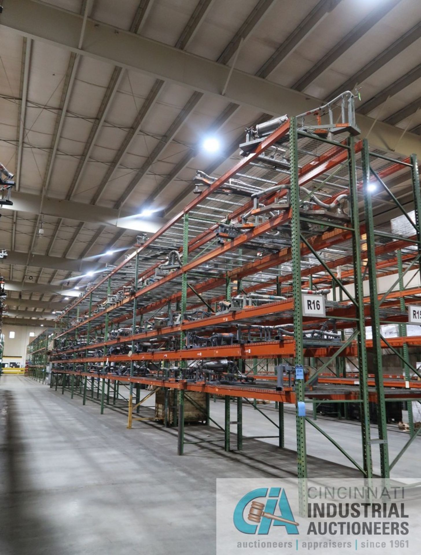 SECTIONS 42" X 144" X 16' PALLET RACK, (9) UPRIGHTS, (80) 5" FACE CROSS BEAMS, WIRE DECKING