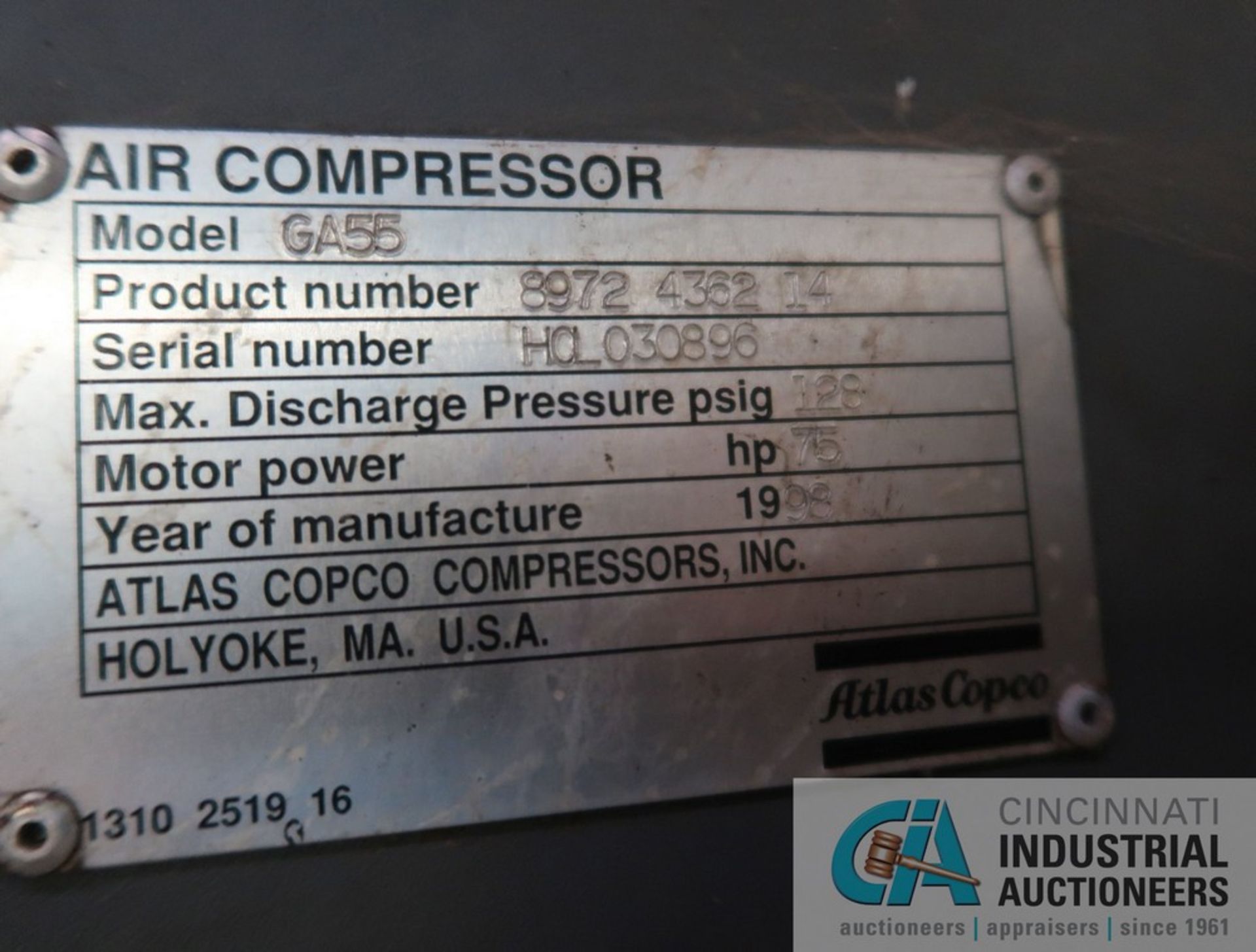 75 HP ATLAS-COPCO MODEL GA55 STATIONARY SINGLE STAGE OIL INJECTED SCREW AIR COMPRESSOR; S/N HOLO0896 - Image 4 of 4