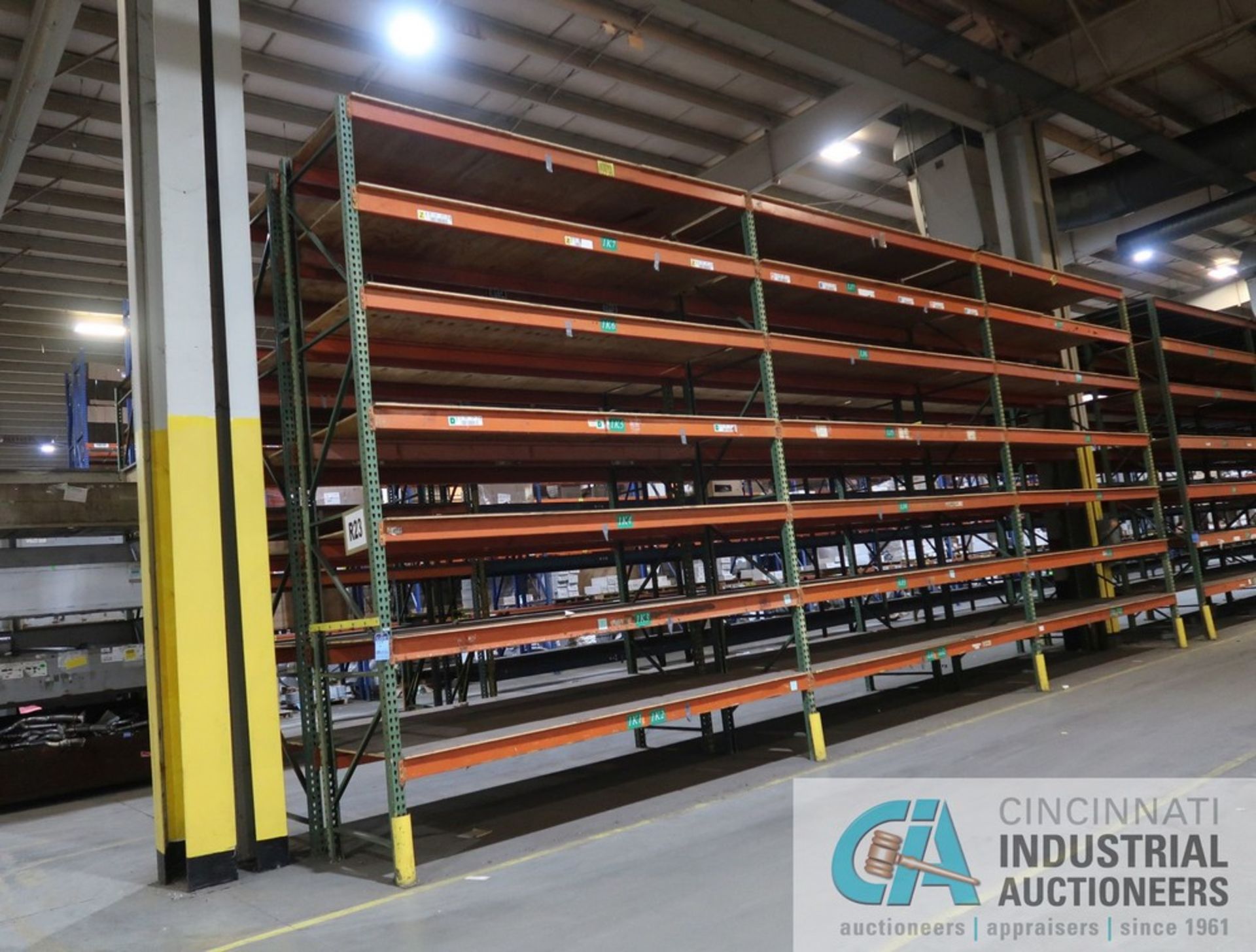 SECTIONS 42" X 144" Z 16' PALLET RACK, (8) UPRIGHTS, 984) 5" FACE CROSSBEAMS WITH 96" STEEL DECK