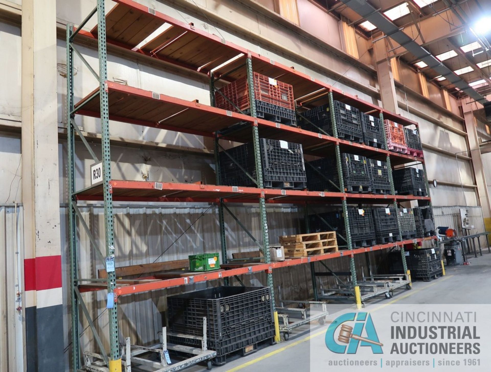 SECTIONS 42" X 102" X 16" HIGH PALLET RACK, (5) UPRIGHTS, (32) 3" FACE CROSSBEAMS, WOOD CROSS