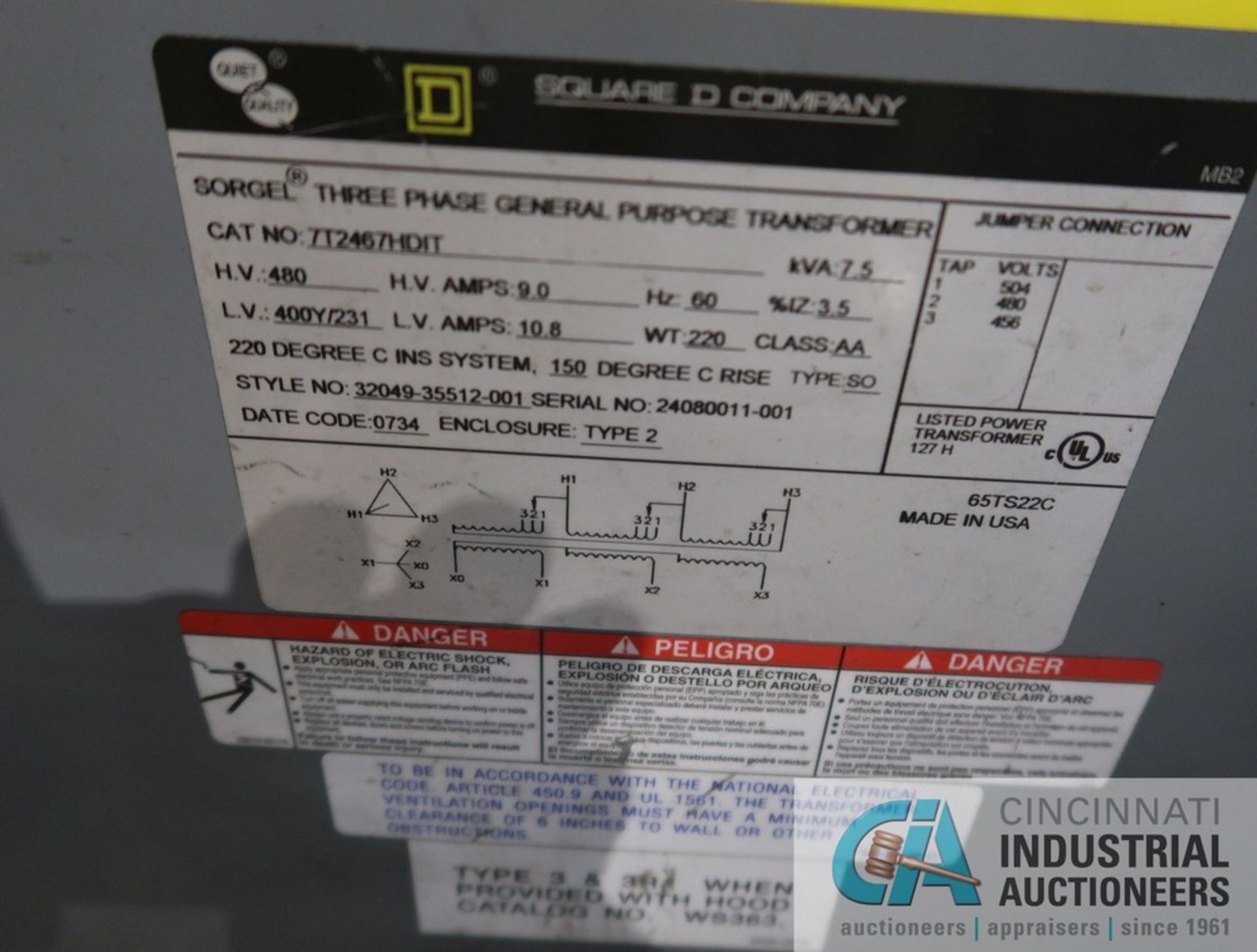 7.5 KVA SQUARE D THREE-PHASE GENERAL PURPOSE TRANSFORMER - Image 2 of 2