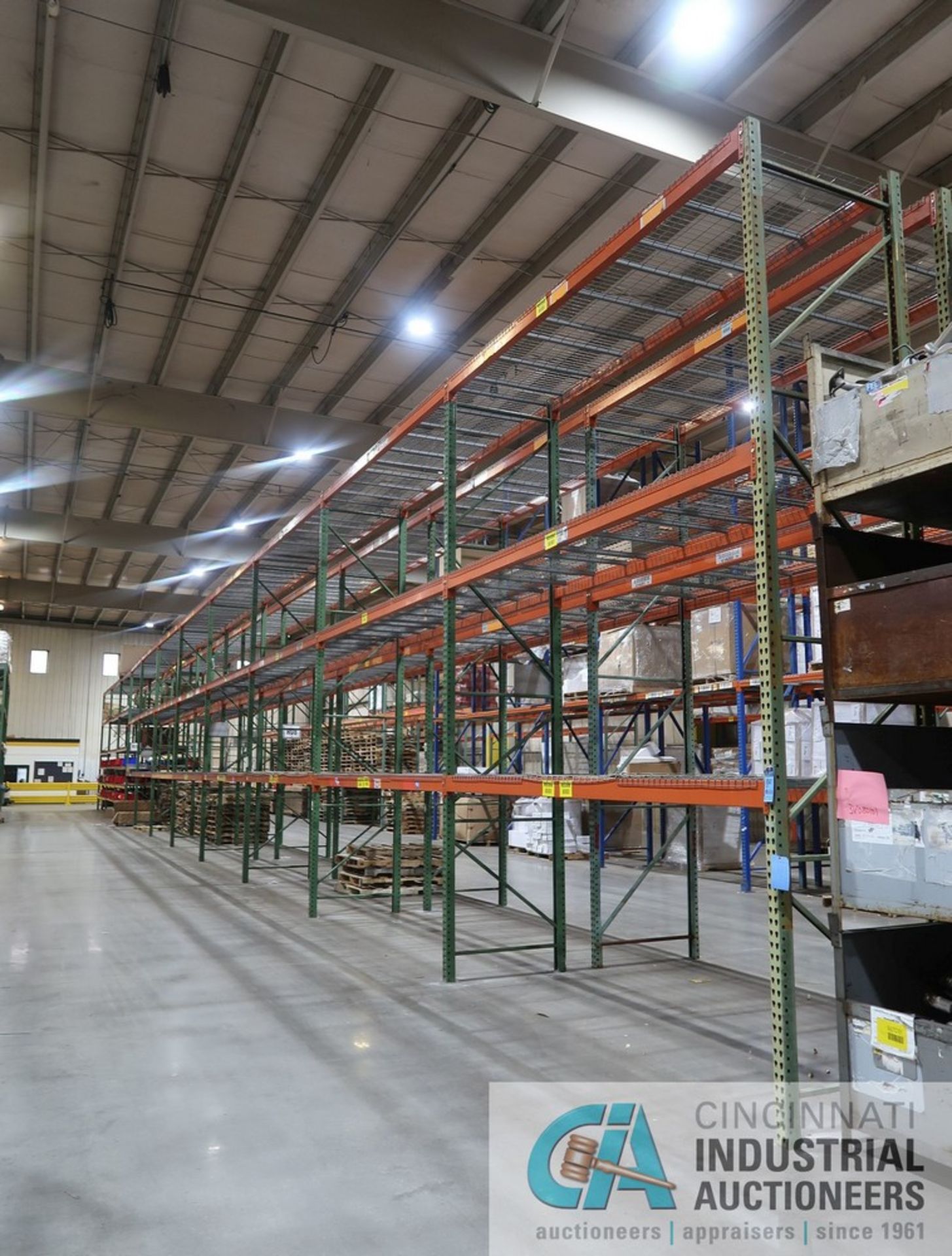 SECTIONS 42" X 144" X 16' PALLET RACK, (12) UPRIGHTS, (84) 3" AND 5" FACE CROSSBEAMS, WIRE