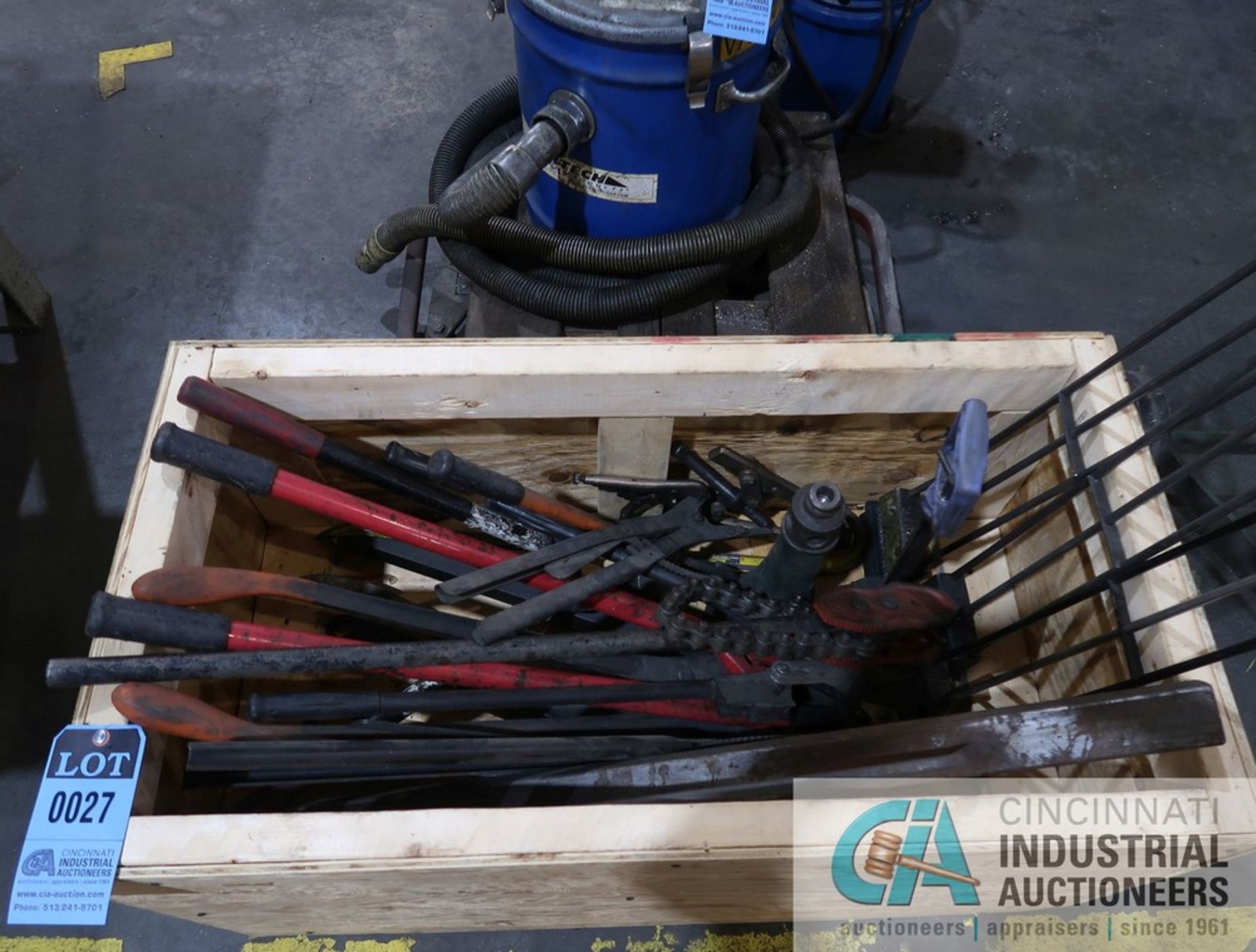 WOOD CRATE WITH MISCELLANEOUS LONG HANDLE TOOLS