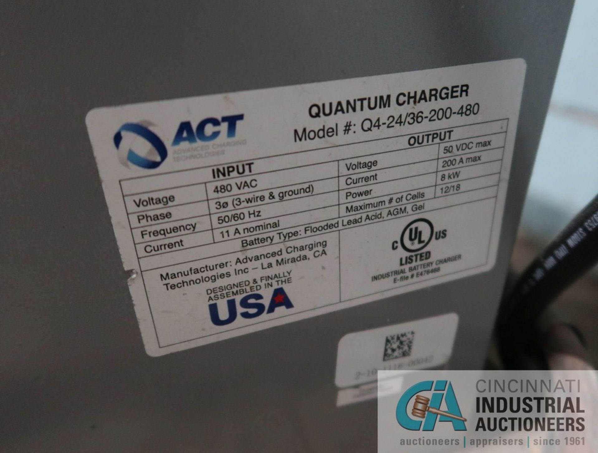 QUANTUM MODEL Q4-24/36-200-480 BATTERY CHARGER **SAFETY SWITCH STAYS WITH BUILDING** - Image 2 of 2