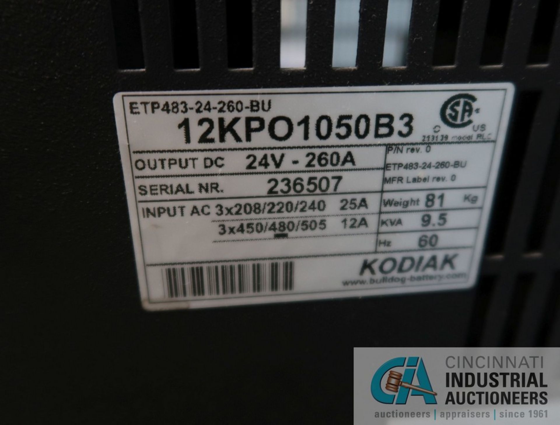 24 VOLT KODIAK MODEL 12KPO1050B3 BATTERY CHARGER **SAFETY SWITCH STAYS WITH BUILDING** - Image 2 of 2