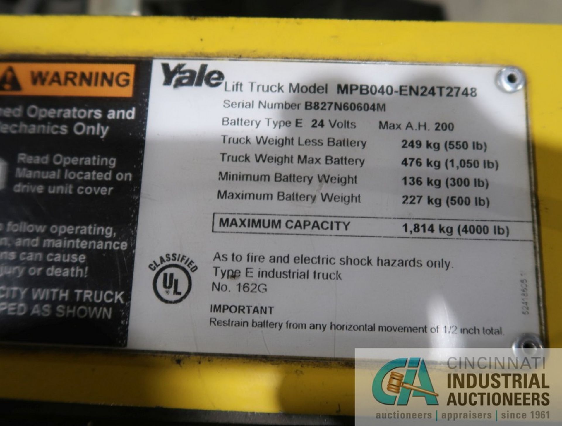 4,000 LB. YALE MODEL MPB-040 ELECTRIC WALK BEHIND PALLET TRUCK; S/N B827N60604M, 24 VOLT SYSTEM ** - Image 6 of 6