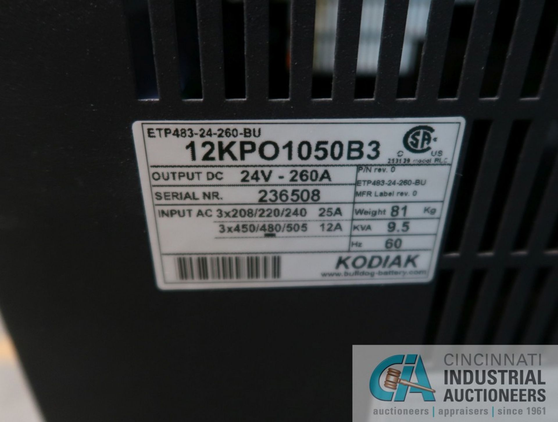 24 VOLT KODIAK MODEL 12KPOL050B3 BATTERY CHARGER **SAFETY SWITCH STAYS WITH BUILDING** - Image 2 of 2