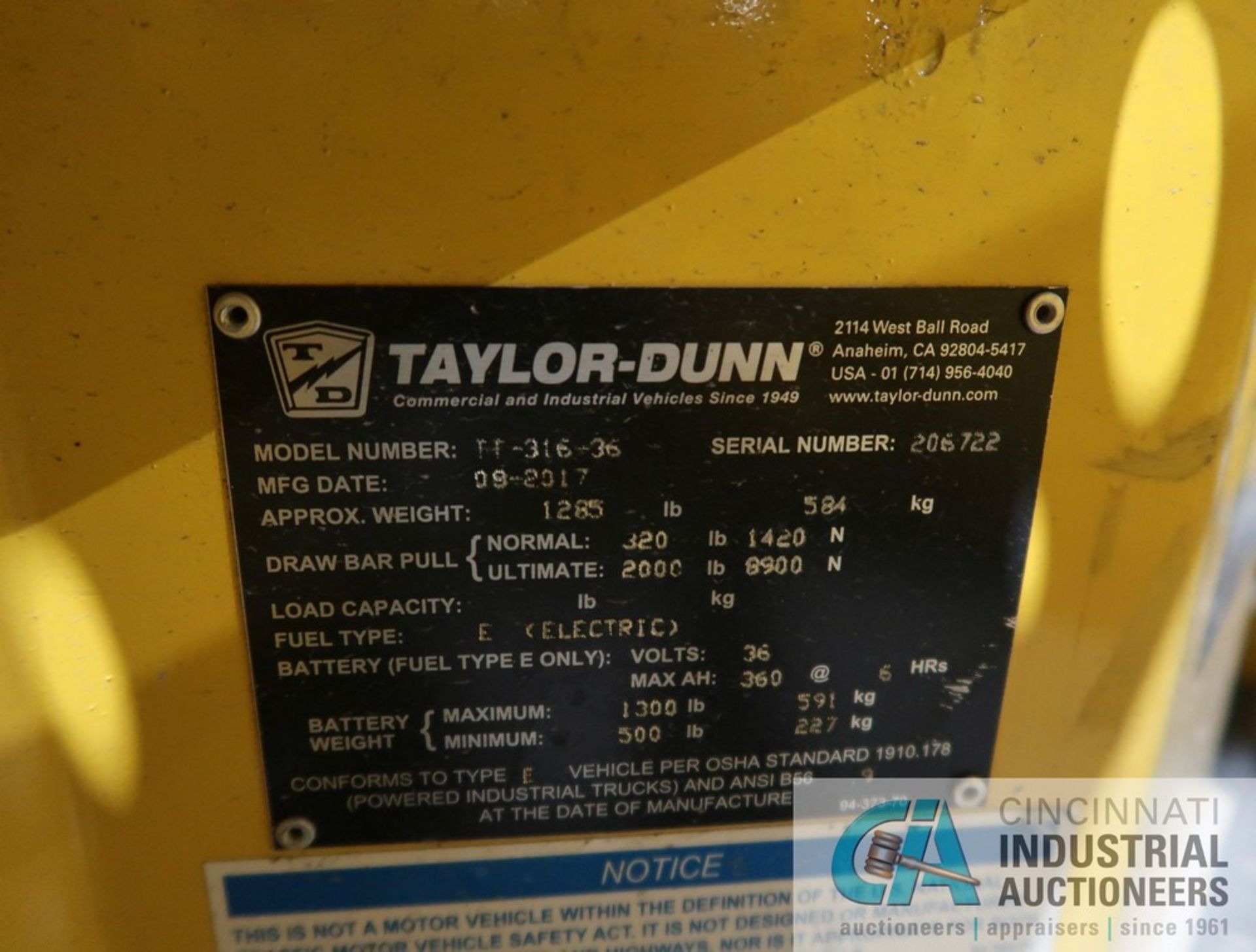 TAYLOR-DUNN MODEL TT-316-36 SIT DOWN THREE-WHEEL MAINTENANCE VEHICLE; S/N 206722 (NEW 9-2017), - Image 8 of 8