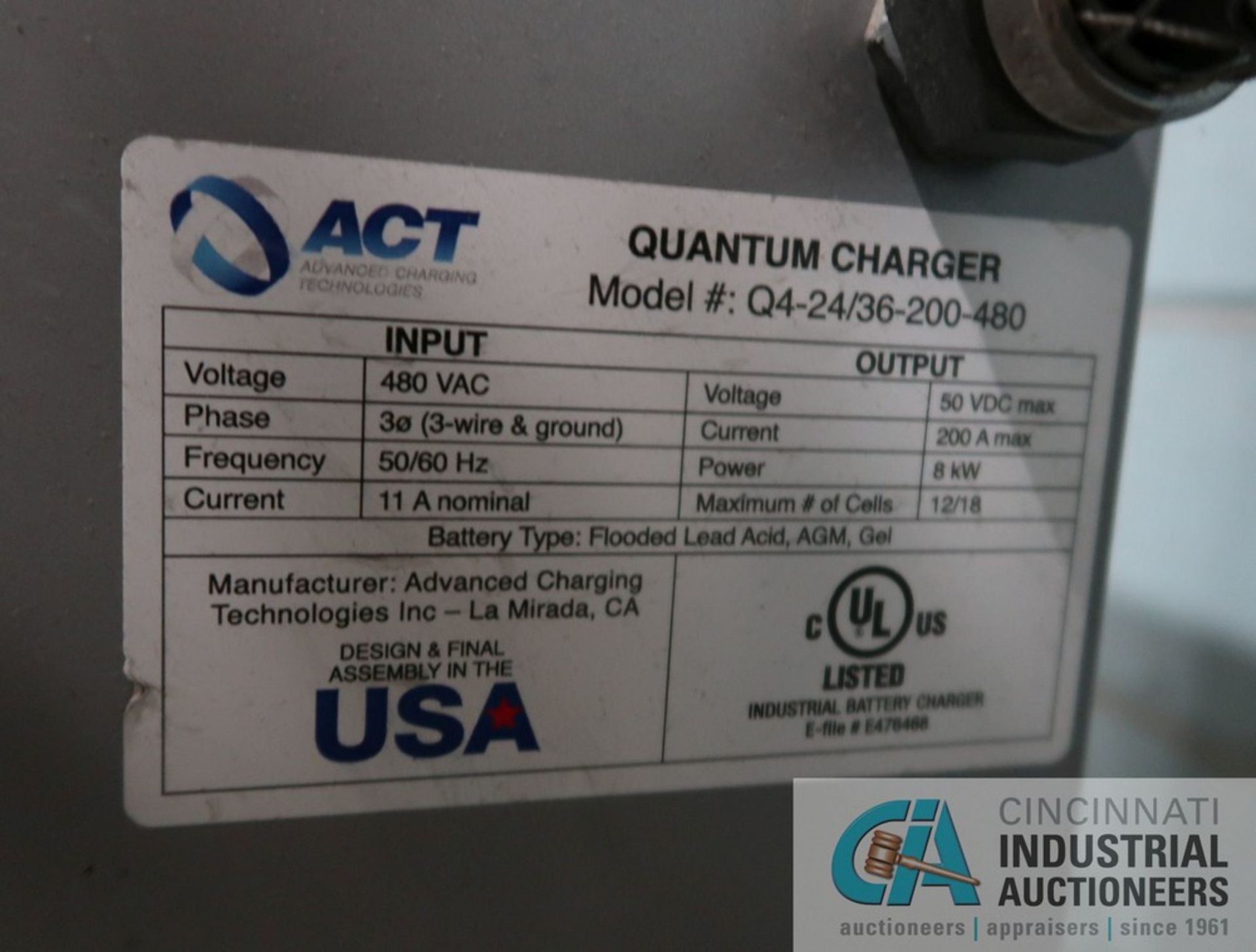 QUANTUM MODEL Q4-24/36-200-480 BATTERY CHARGER **SAFETY SWITCH STAYS WITH BUILDING** - Image 2 of 2