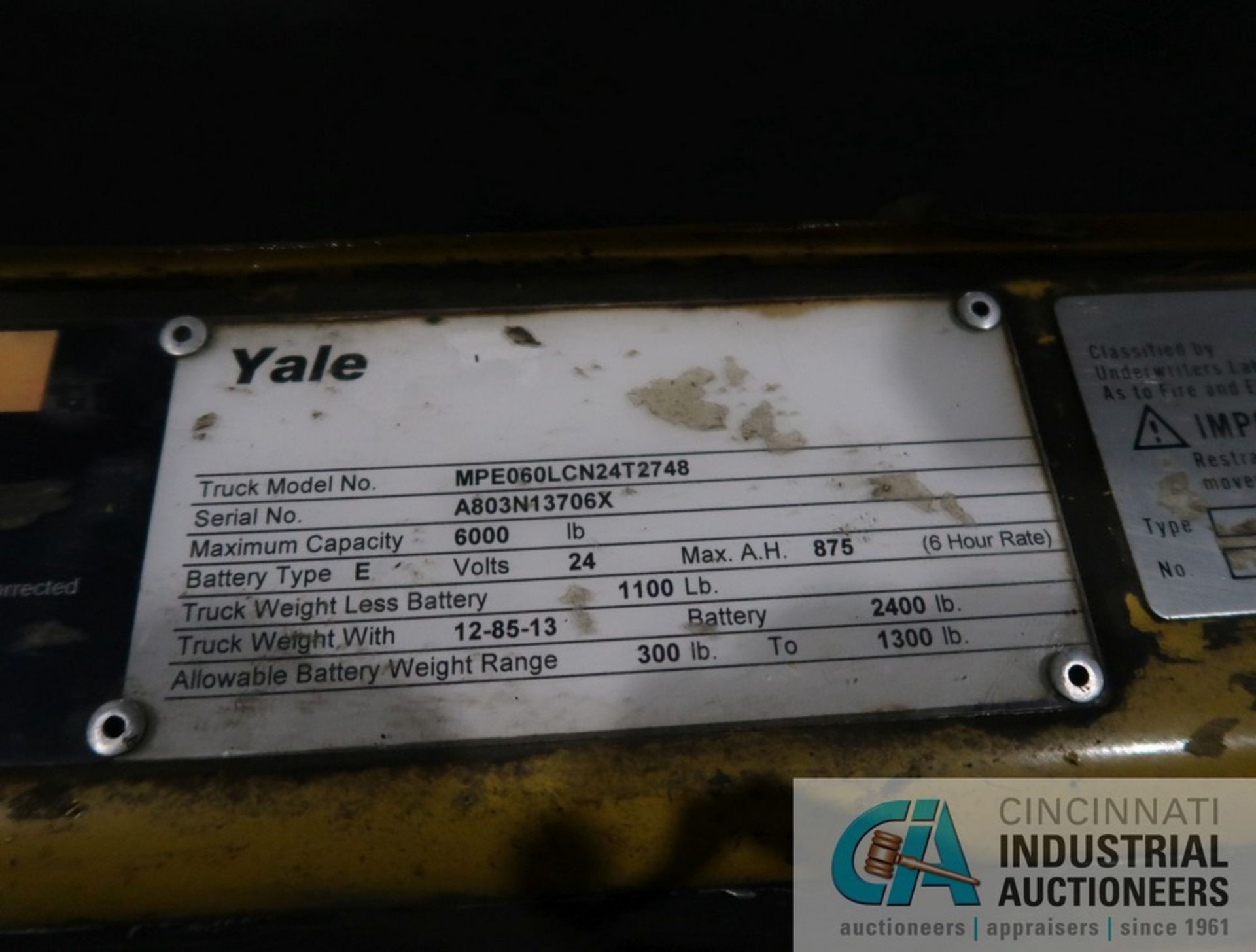 6,000 LB. YALE MODEL MPE060 ELECTRIC RIDE ALONG PALLET TRUCK; S/N A803N13706, 24 VOLT **SPECIAL - Image 7 of 7