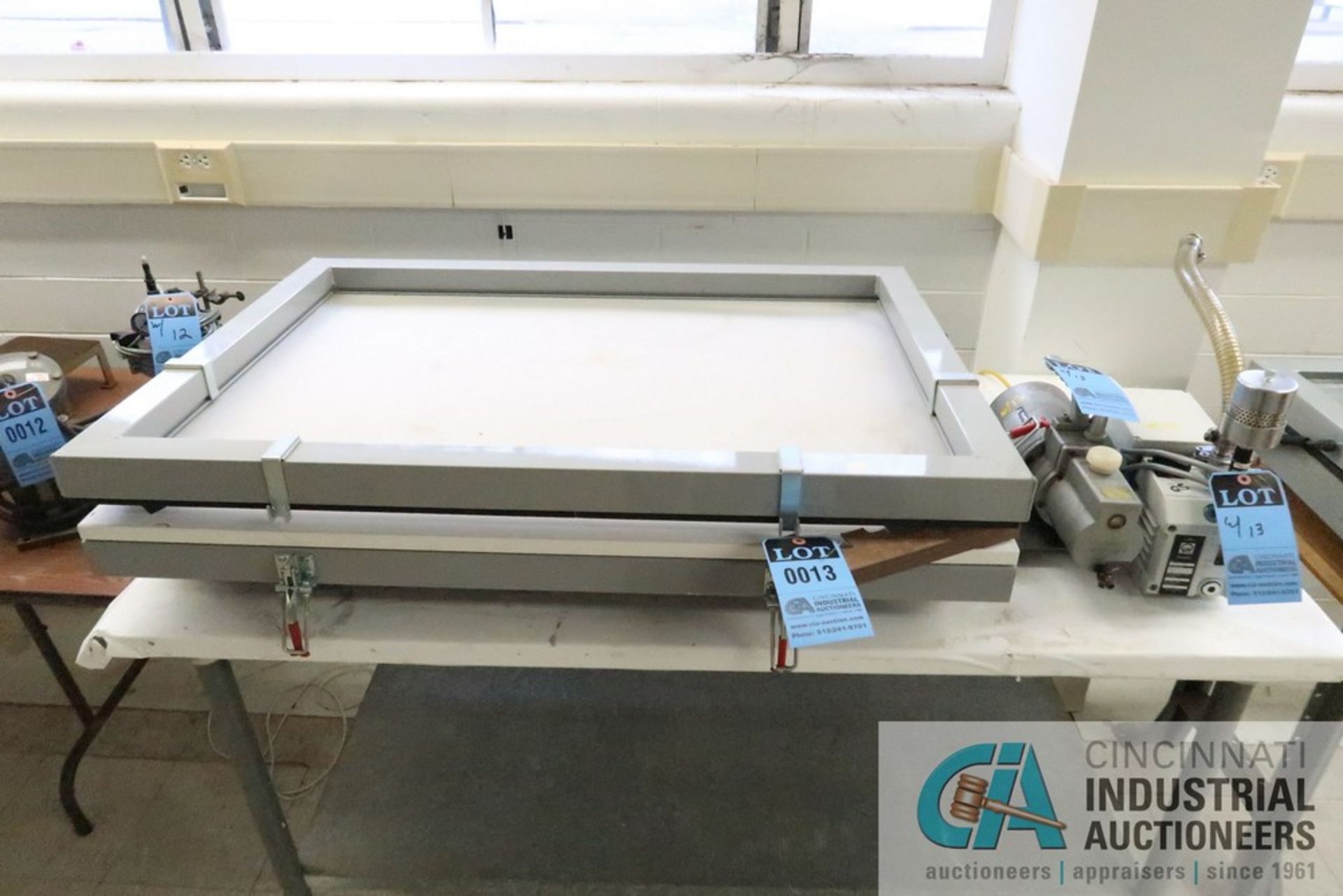 38" WIDE X 26" LONG VACUUM TABLE INCLUDING (1) LEYBOLD D1.6B VACUUM PUMP, & (1) ULVAC TWO-STAGE