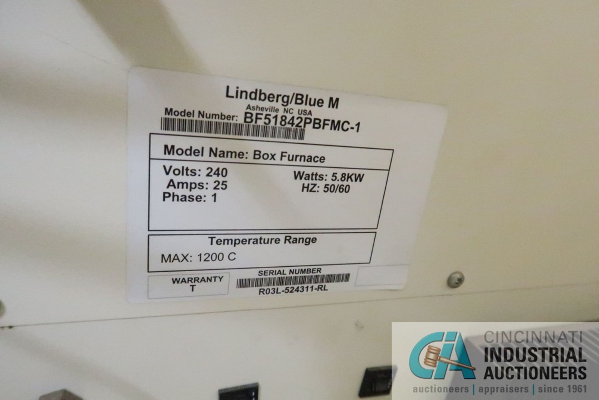 LINDBERG MODEL BF51842PBFMC-1 ELECTRIC BOX FURNACE; S/N R03L-524311-RL, 1,200 DEGREE CELCIUS MAX - Image 4 of 4