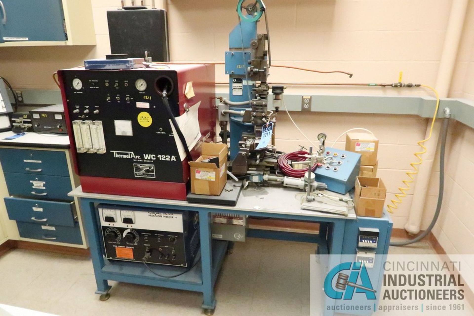 PRECISION RESISTANCE WELDING BENCH WITH THERMAL ARC 122A AND MILLER AUTO ARC TIG 50A POWER