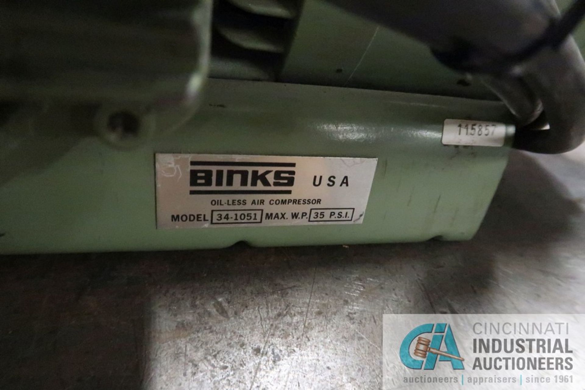 BINKS MODEL 34-1051 OIL-LESS AIR COMPRESSOR, 35 PSI CAPACITY - Image 2 of 3