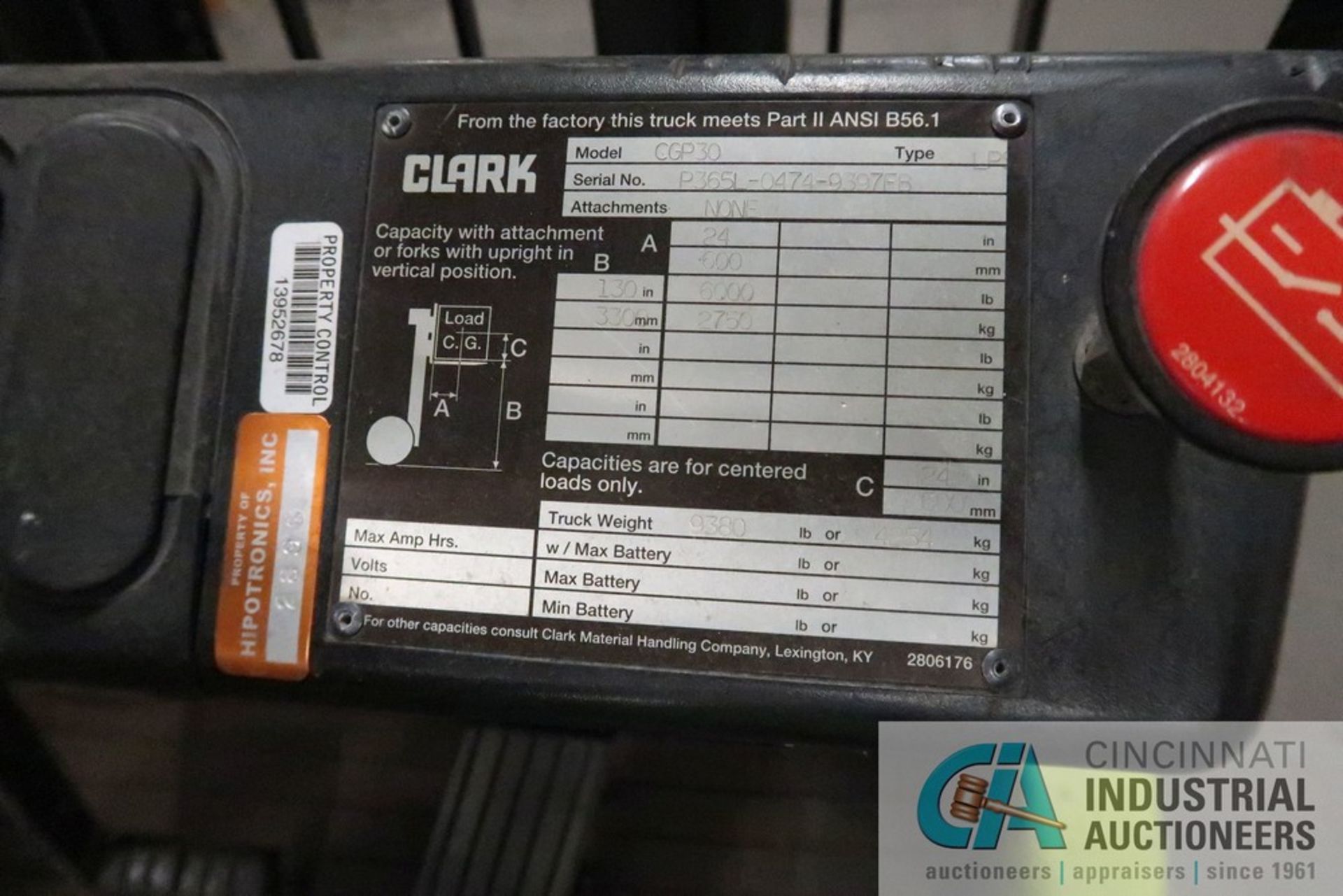 6,000 LB. CLARK MODEL CGP30 PNEUMATIC TIRES LP GAS LIFT TRUCK; S/N P365L-0474-9397FB, 2-STAGE - Image 6 of 7